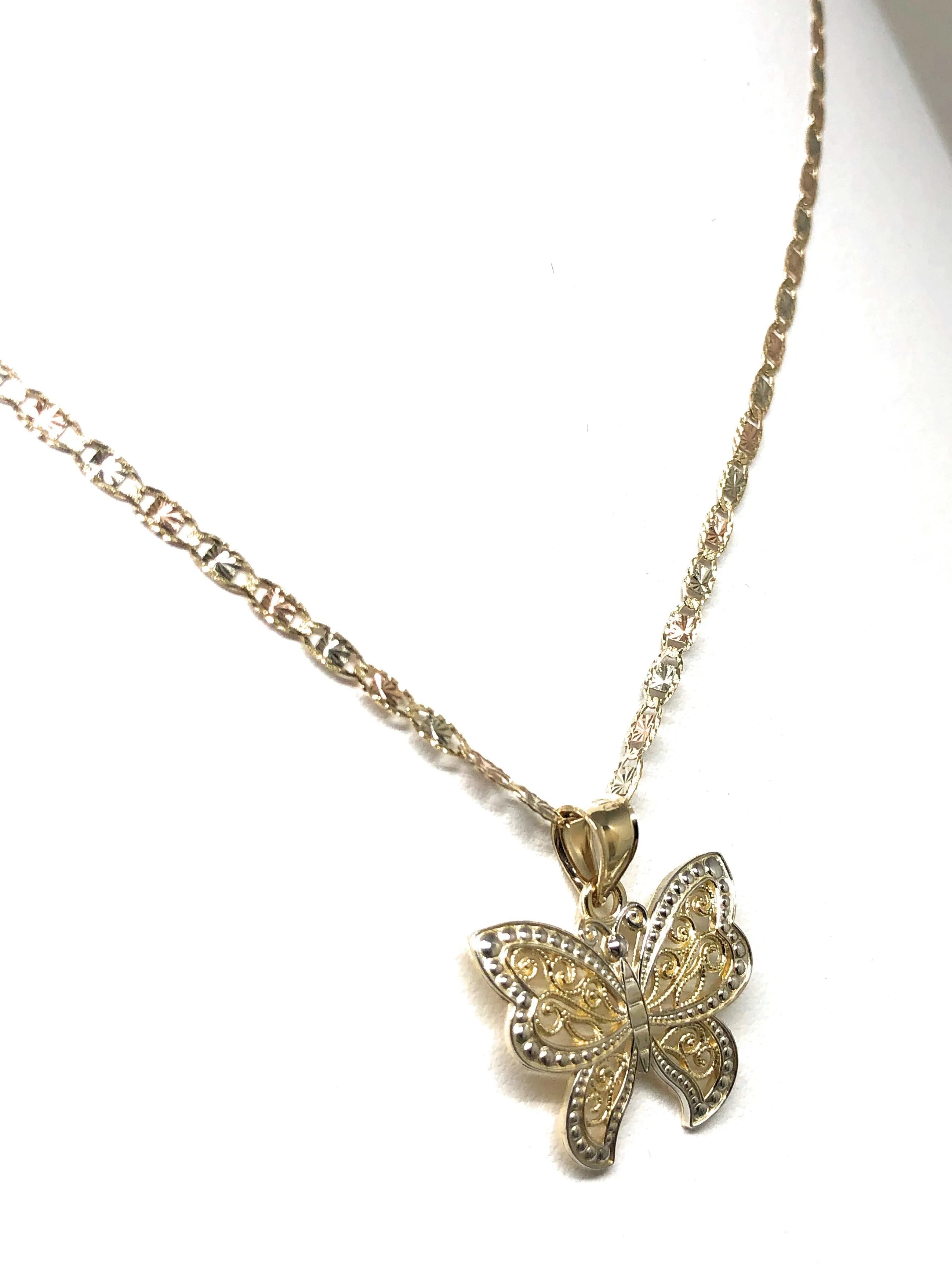 10k Solid Gold 2-Tone Butterfly Pendant Necklace Valentina Chain (SM, MED)