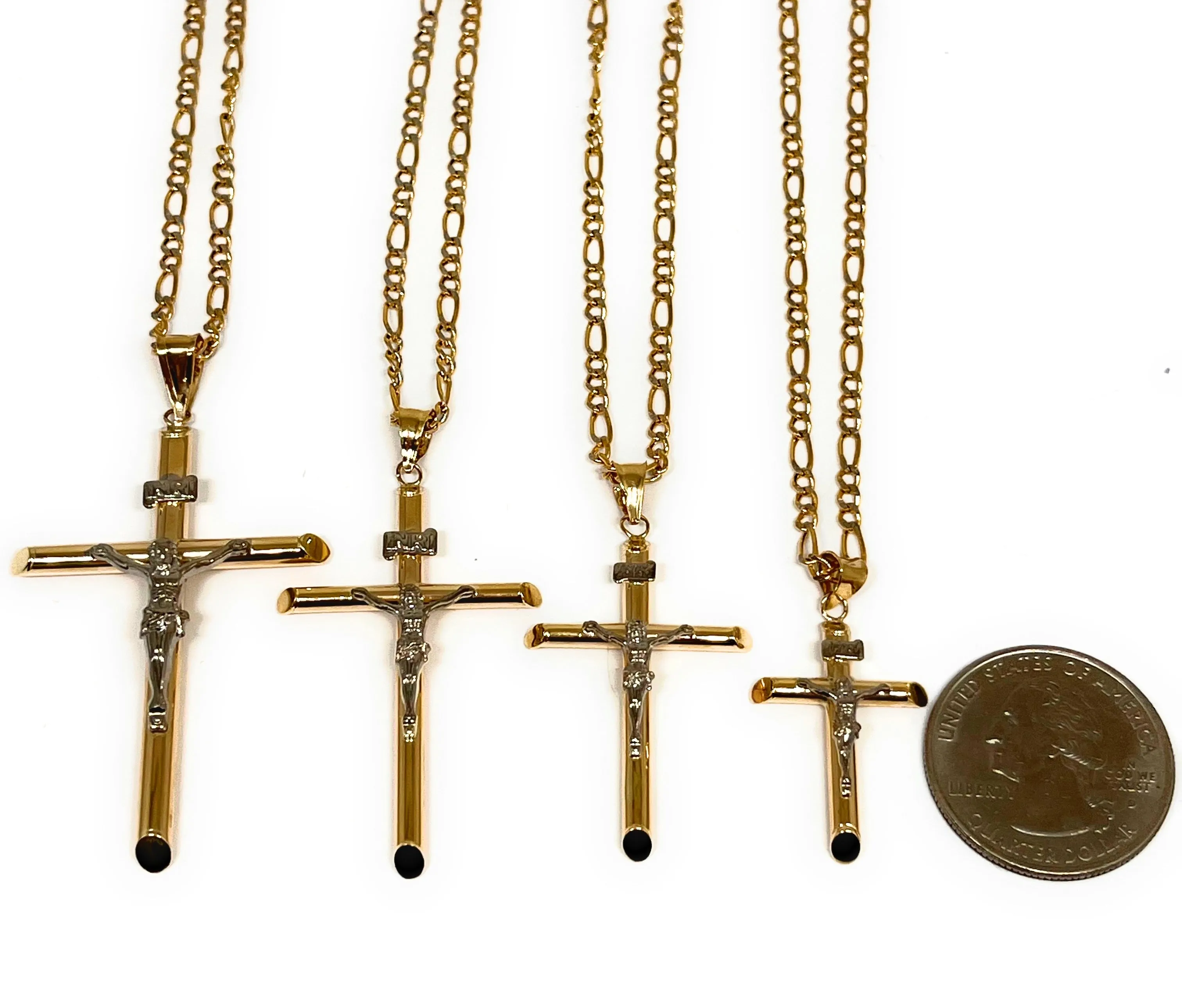 10k Solid Gold 2-Tone Classic Jesus Cross Crucifix Pendant Necklace (XS, SM, MED, LG) (MADE IN MX)