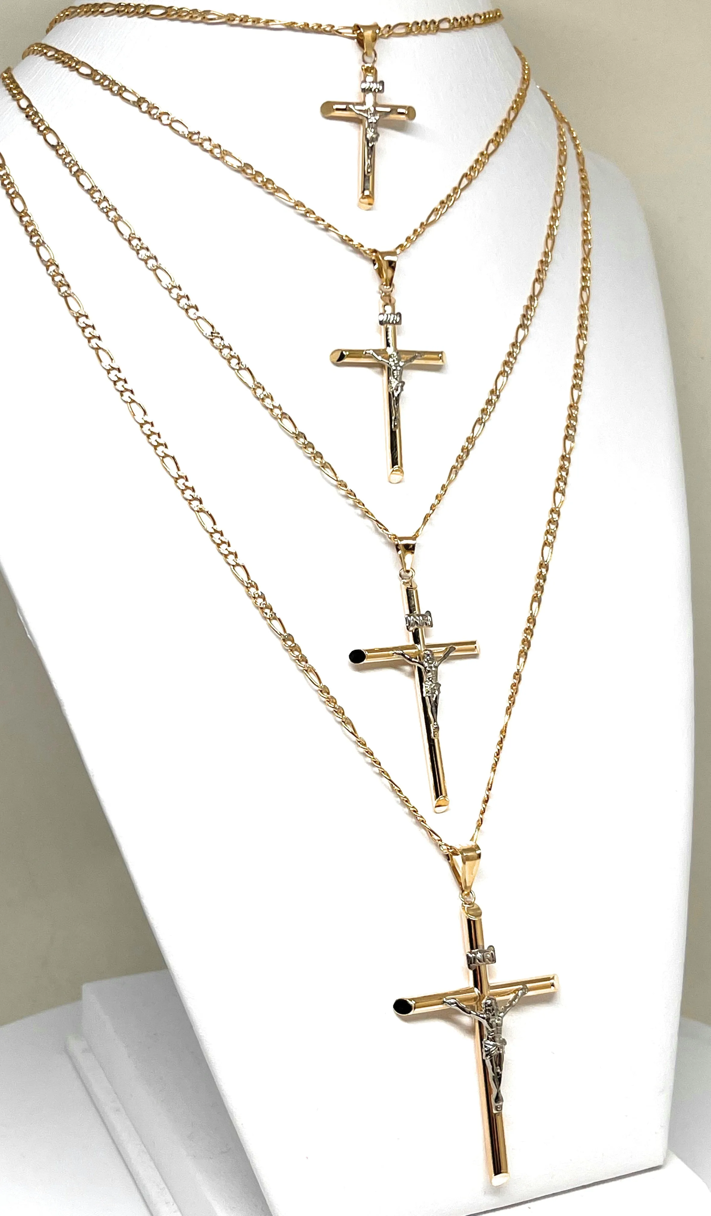 10k Solid Gold 2-Tone Classic Jesus Cross Crucifix Pendant Necklace (XS, SM, MED, LG) (MADE IN MX)