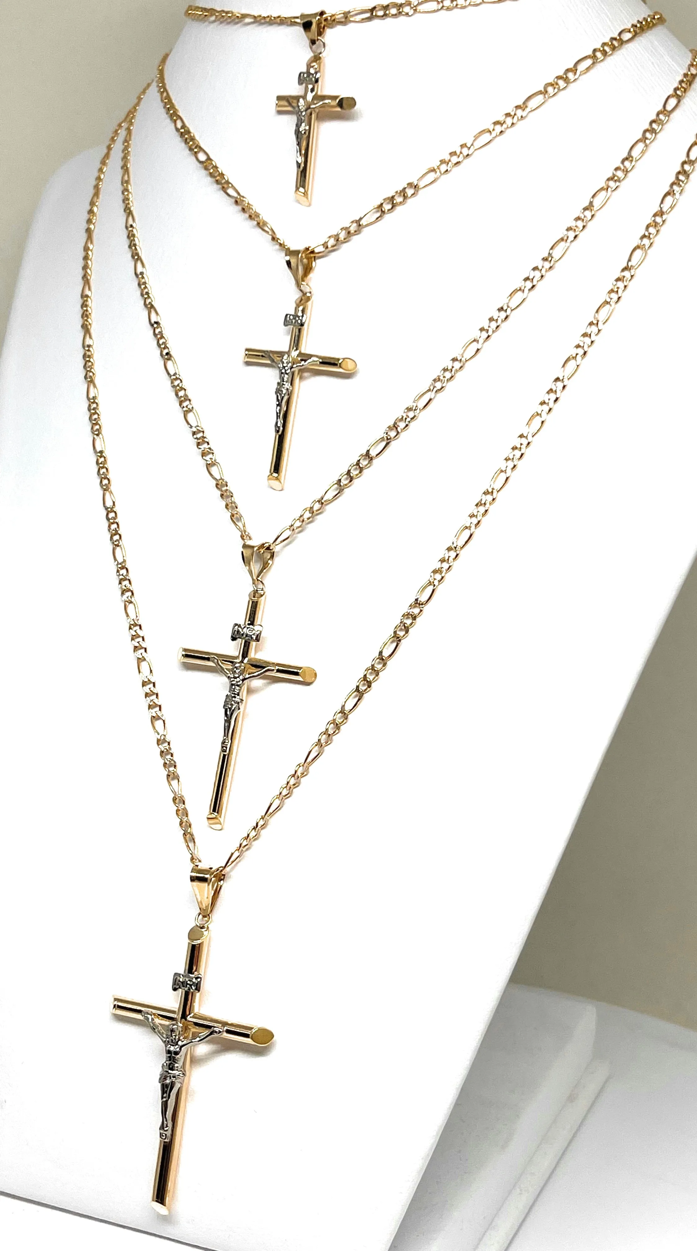 10k Solid Gold 2-Tone Classic Jesus Cross Crucifix Pendant Necklace (XS, SM, MED, LG) (MADE IN MX)