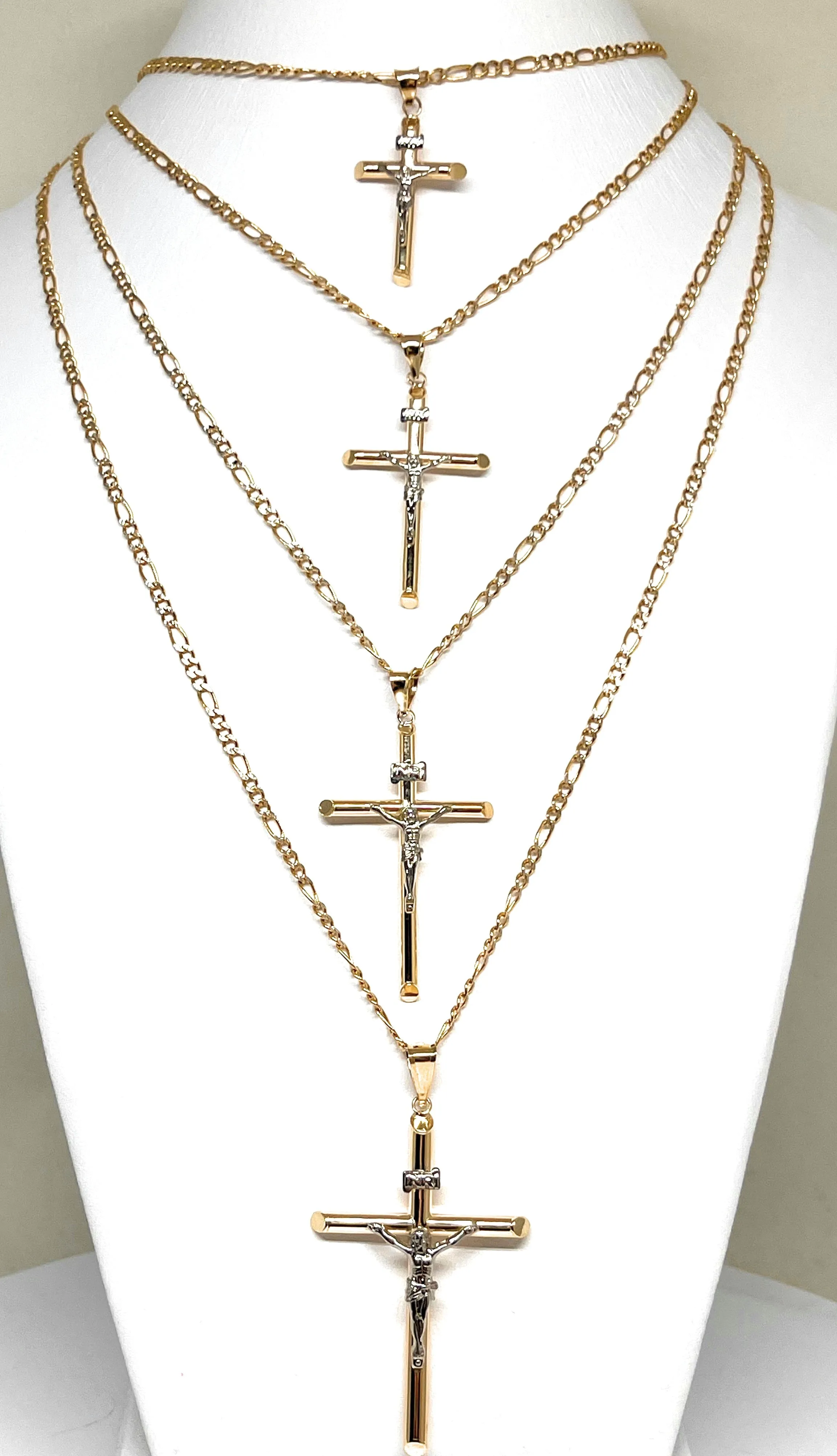 10k Solid Gold 2-Tone Classic Jesus Cross Crucifix Pendant Necklace (XS, SM, MED, LG) (MADE IN MX)