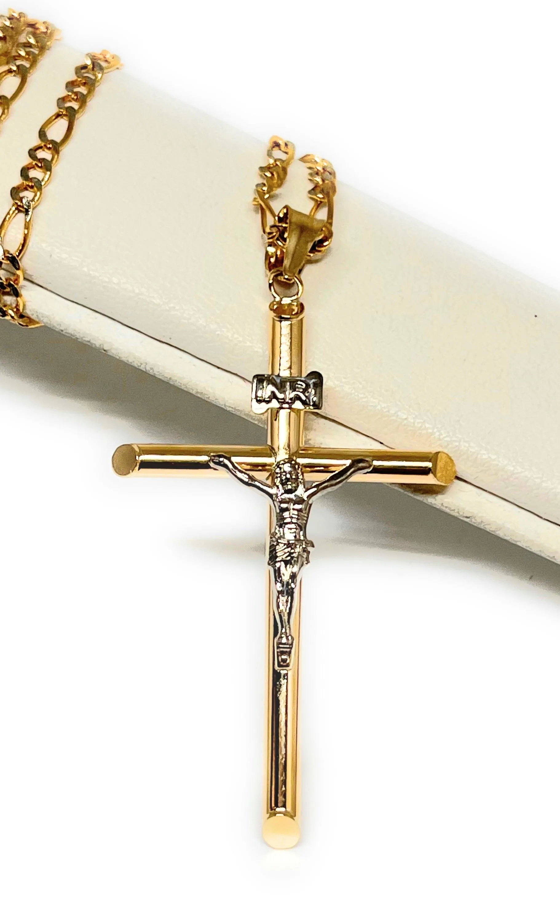 10k Solid Gold 2-Tone Classic Jesus Cross Crucifix Pendant Necklace (XS, SM, MED, LG) (MADE IN MX)