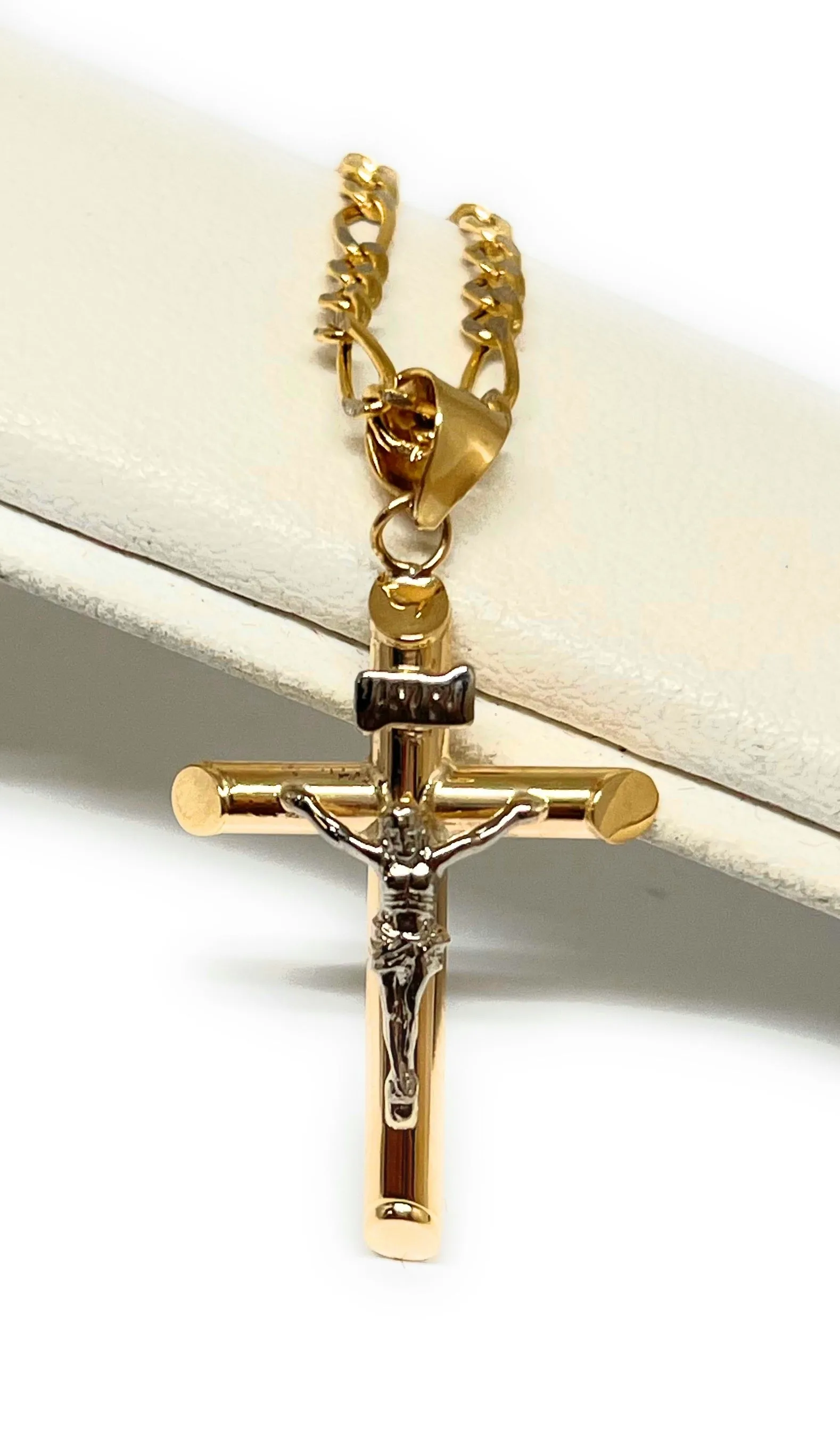 10k Solid Gold 2-Tone Classic Jesus Cross Crucifix Pendant Necklace (XS, SM, MED, LG) (MADE IN MX)