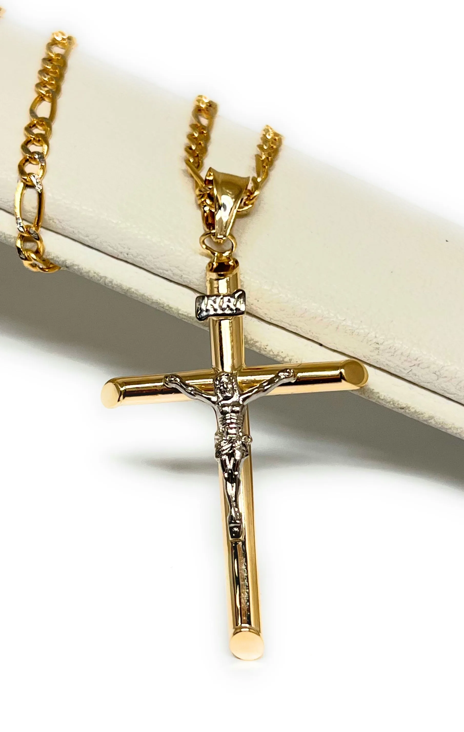 10k Solid Gold 2-Tone Classic Jesus Cross Crucifix Pendant Necklace (XS, SM, MED, LG) (MADE IN MX)