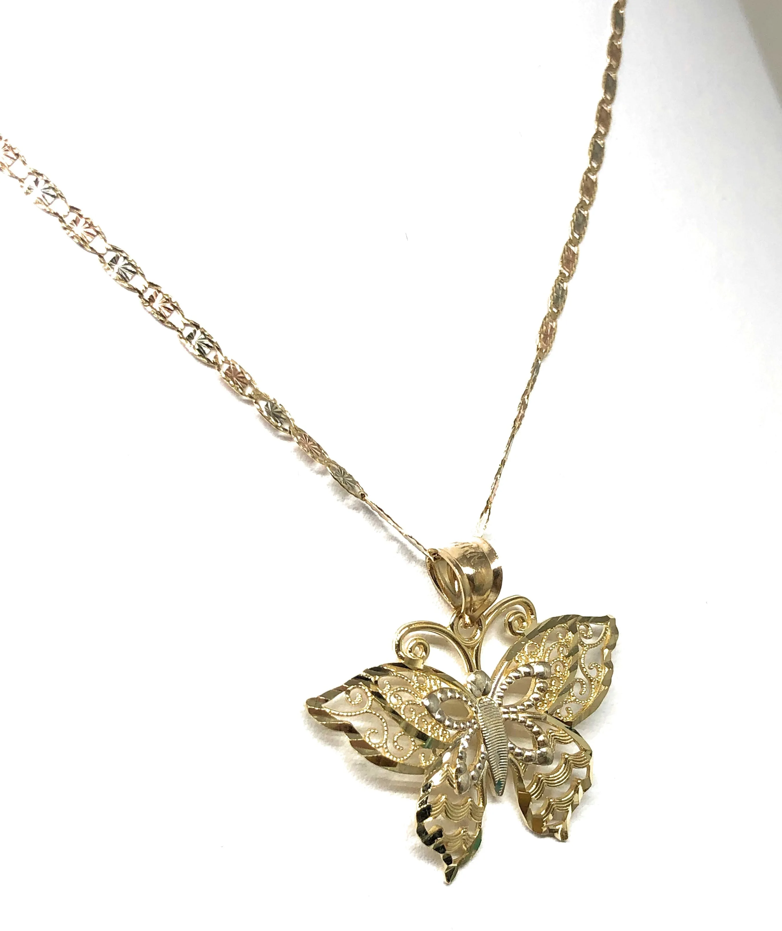 10k Solid Gold Butterfly Pendant Necklace Valentina Chain (SM, MED)