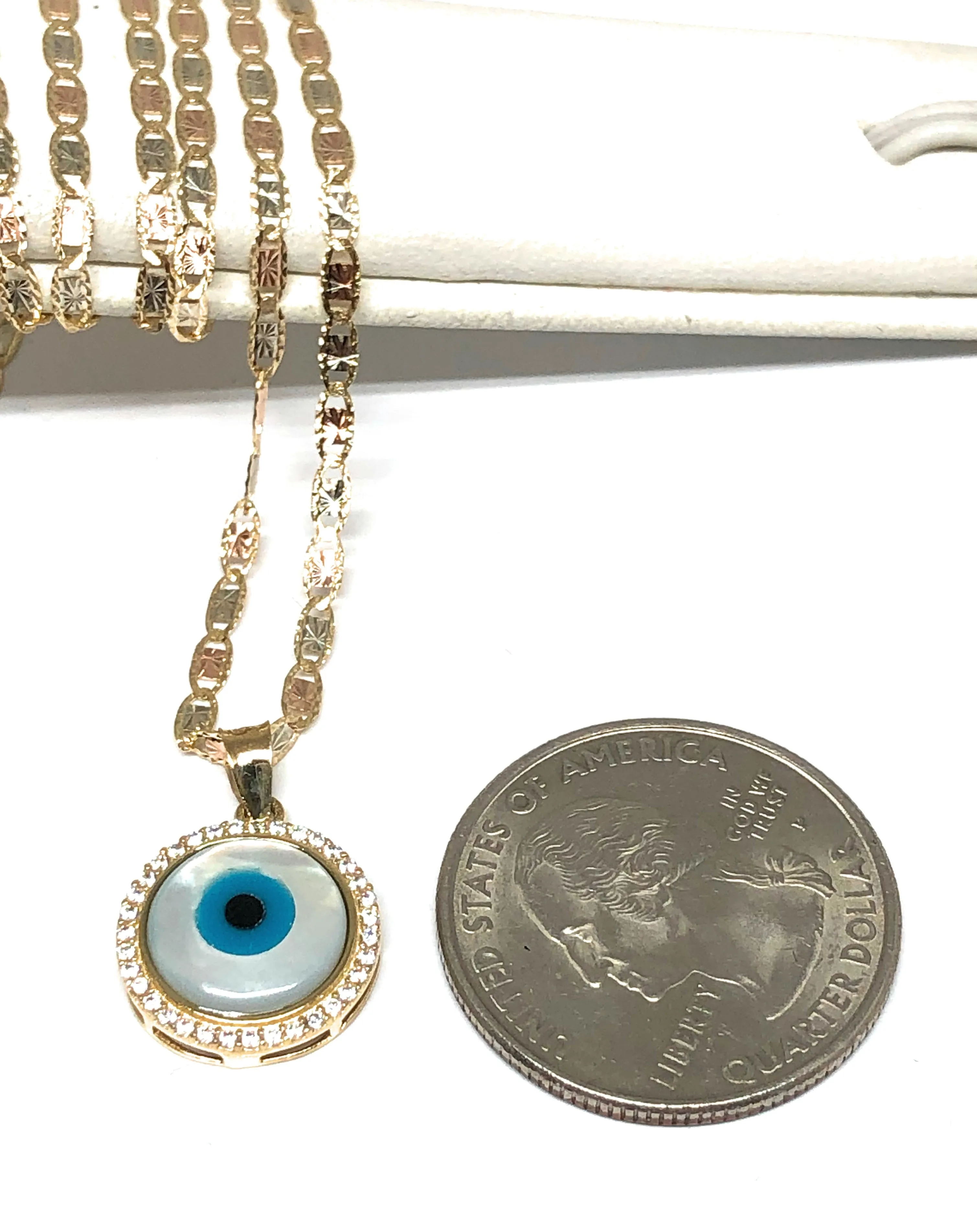 10k Solid Gold EVIL EYE CZ Round Pendant Necklace Valentina Chain (SM, MED)