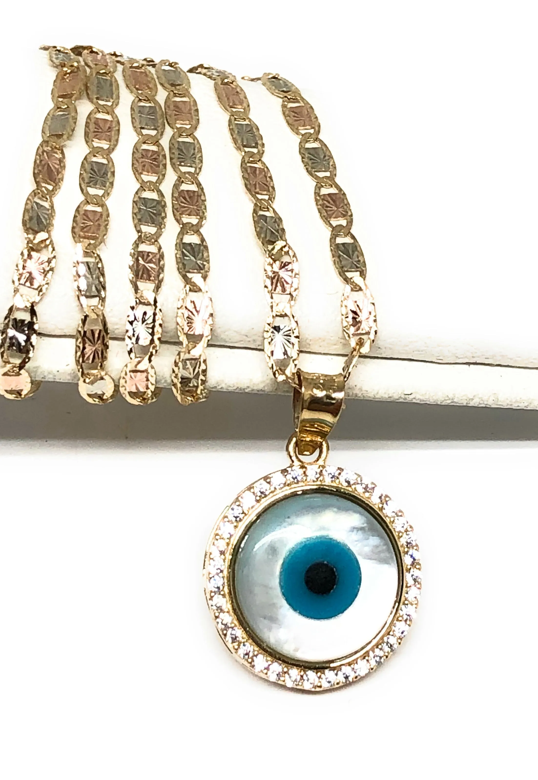 10k Solid Gold EVIL EYE CZ Round Pendant Necklace Valentina Chain (SM, MED)