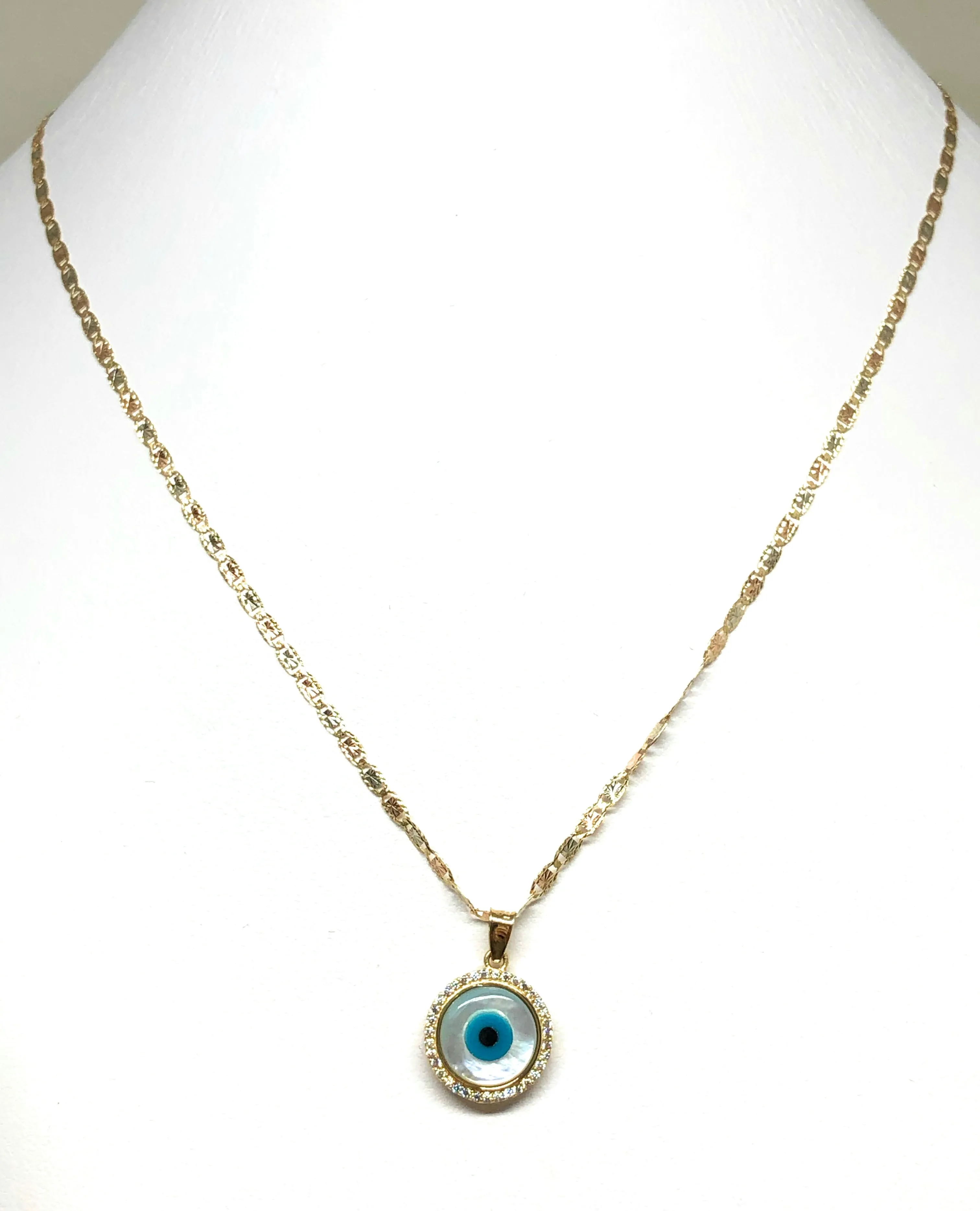 10k Solid Gold EVIL EYE CZ Round Pendant Necklace Valentina Chain (SM, MED)