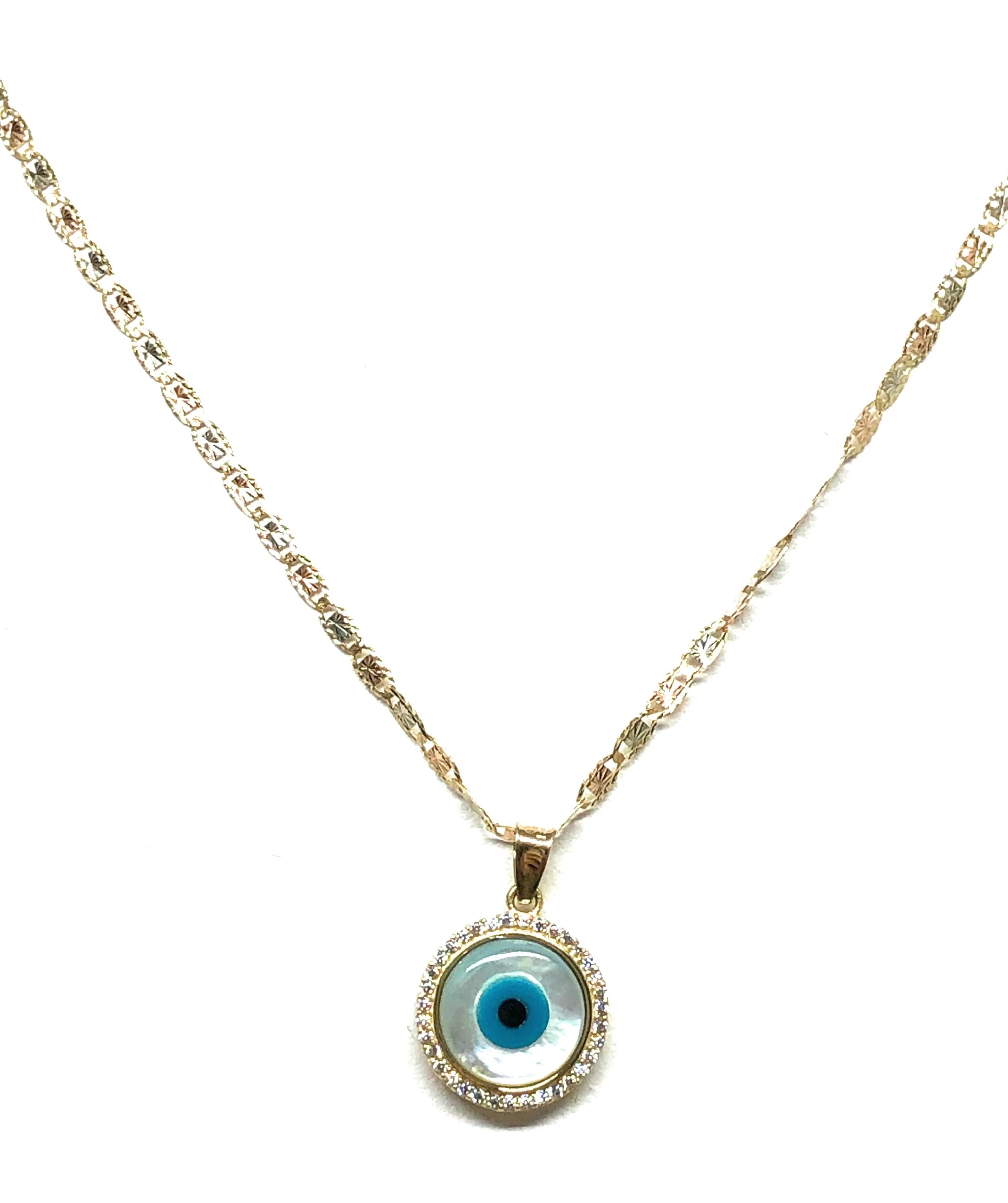 10k Solid Gold EVIL EYE CZ Round Pendant Necklace Valentina Chain (SM, MED)