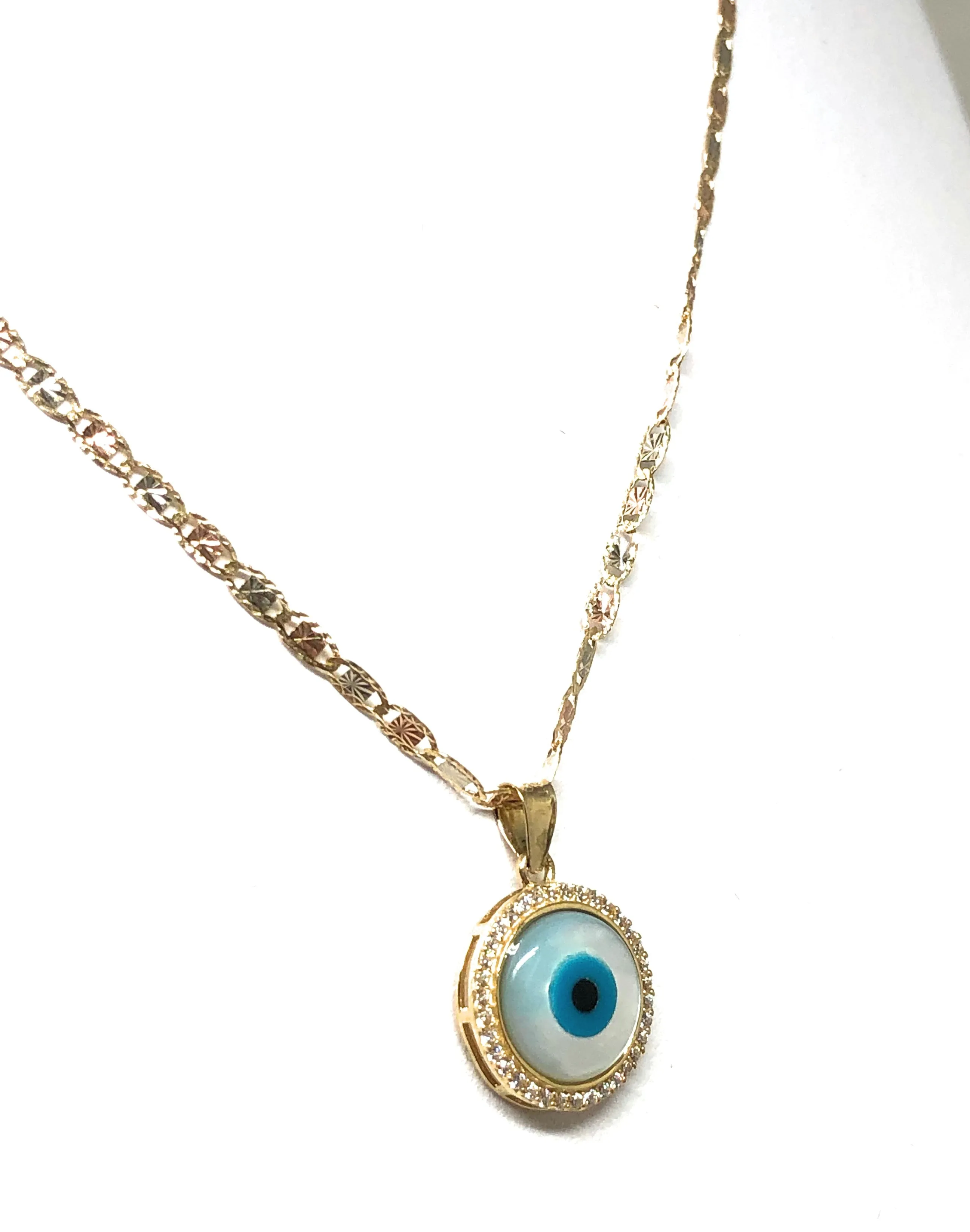 10k Solid Gold EVIL EYE CZ Round Pendant Necklace Valentina Chain (SM, MED)