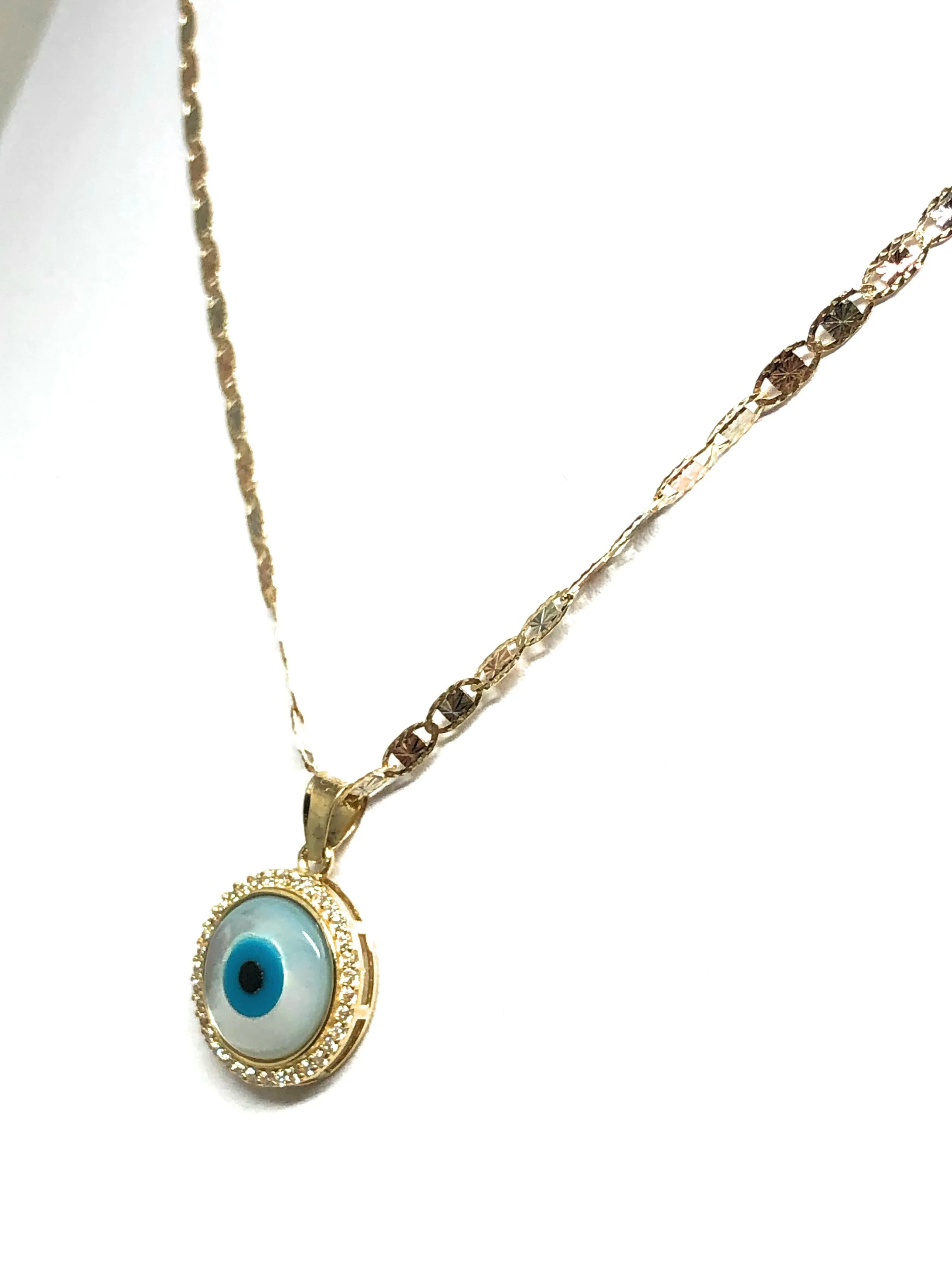 10k Solid Gold EVIL EYE CZ Round Pendant Necklace Valentina Chain (SM, MED)