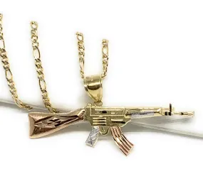 10k Solid Gold Tri-Color Machine Gun AK-47 Pendant Necklace (SM, MED)