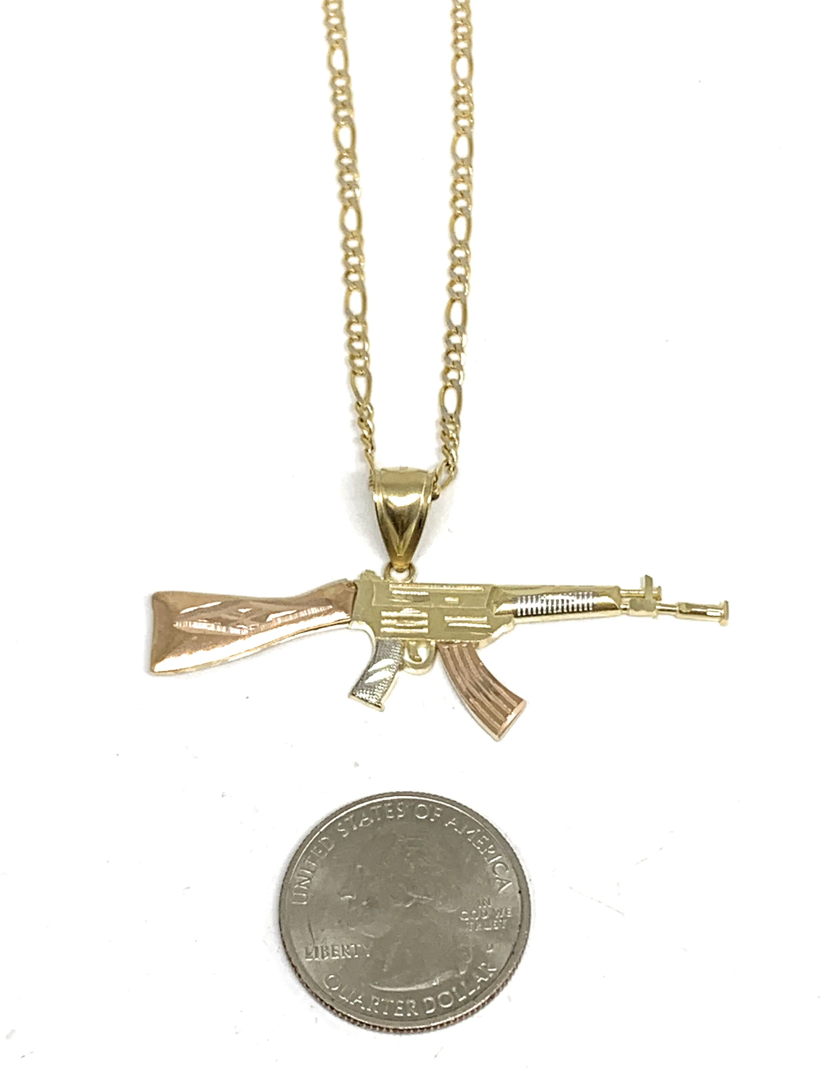 10k Solid Gold Tri-Color Machine Gun AK-47 Pendant Necklace (SM, MED)