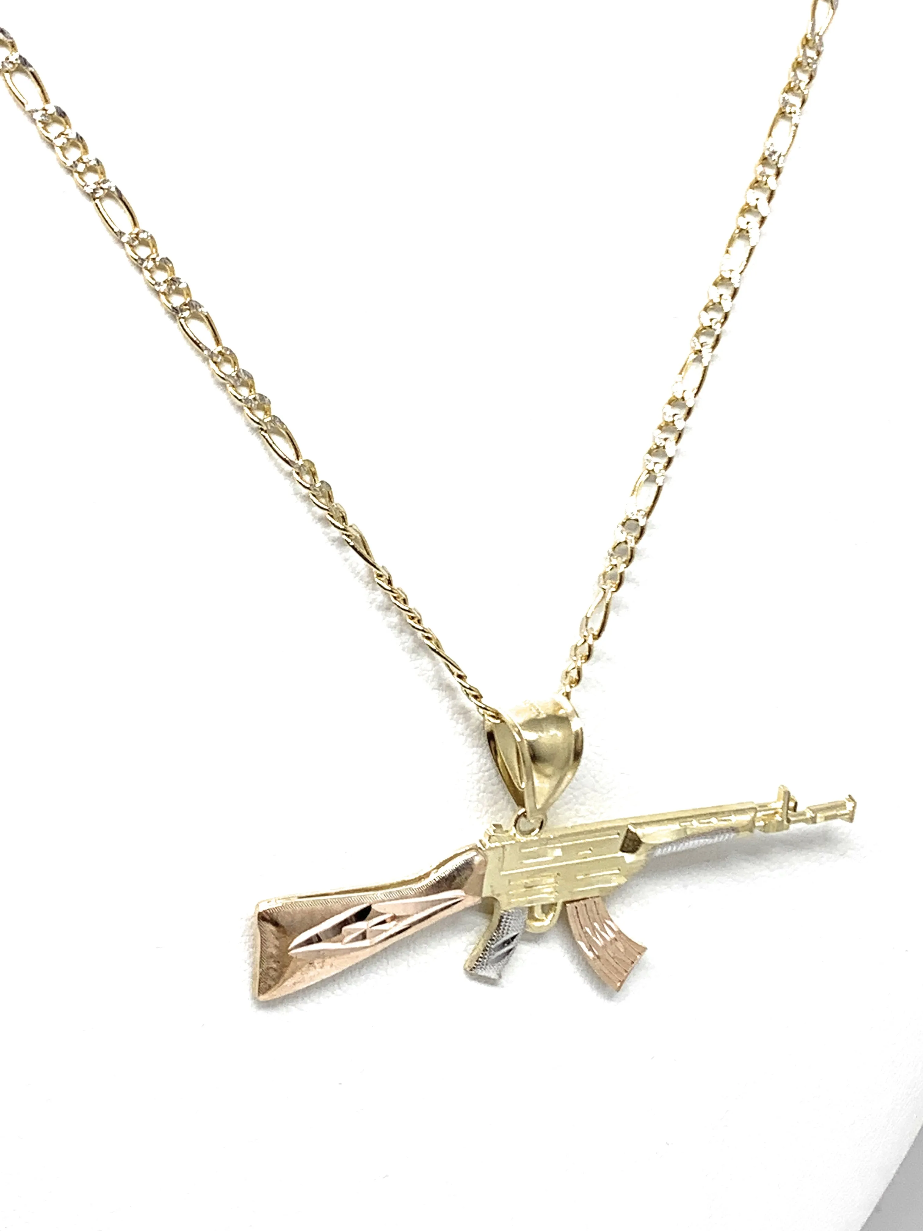 10k Solid Gold Tri-Color Machine Gun AK-47 Pendant Necklace (SM, MED)