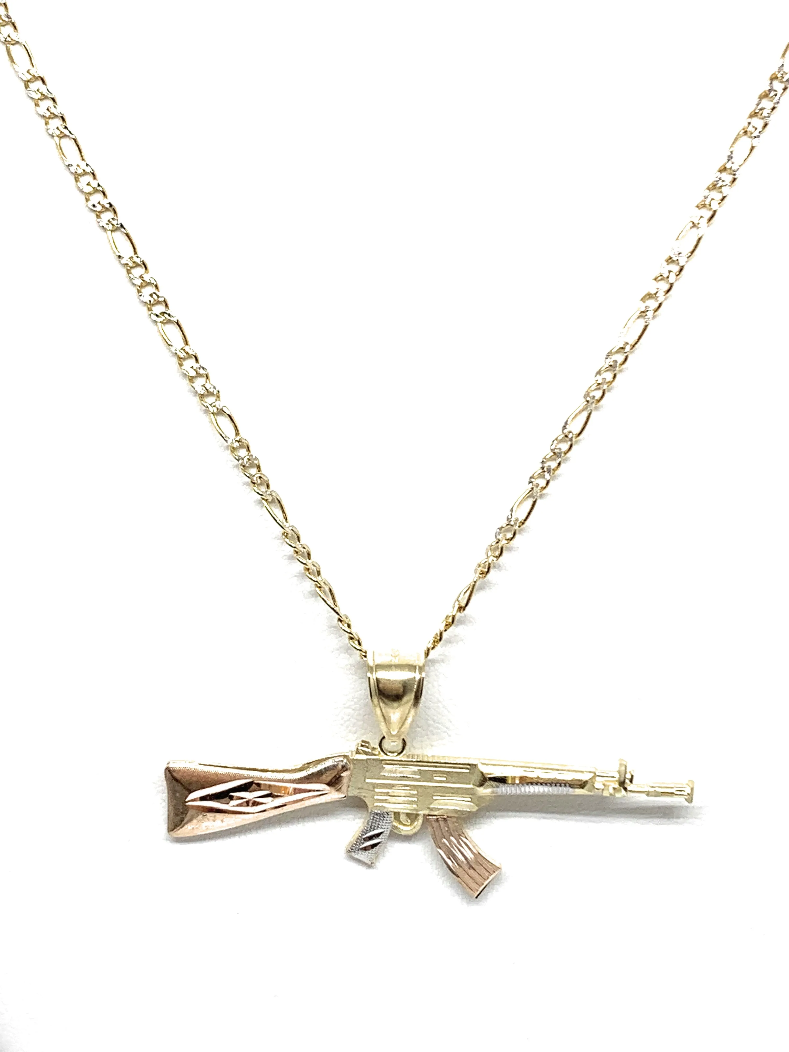 10k Solid Gold Tri-Color Machine Gun AK-47 Pendant Necklace (SM, MED)