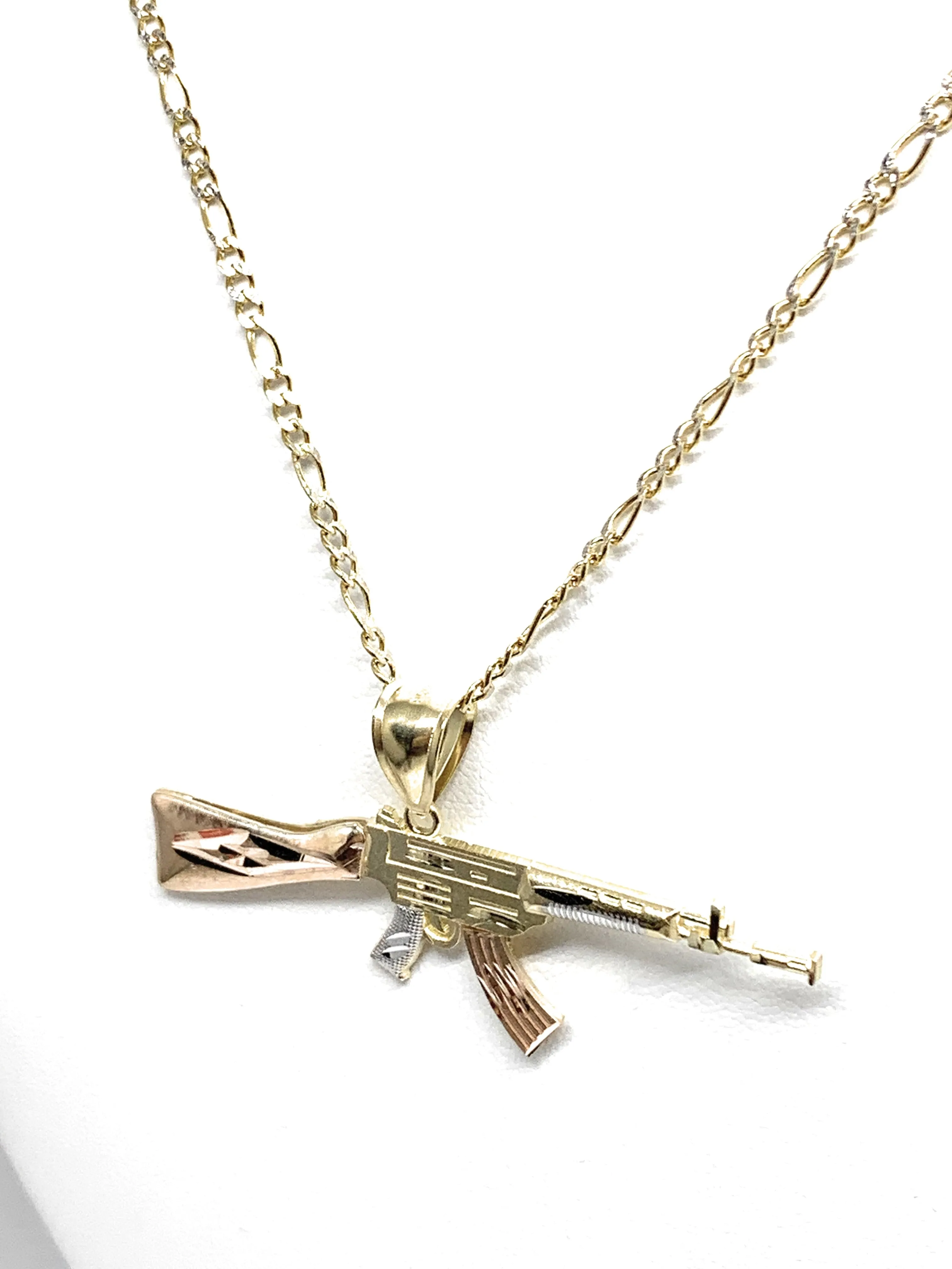 10k Solid Gold Tri-Color Machine Gun AK-47 Pendant Necklace (SM, MED)