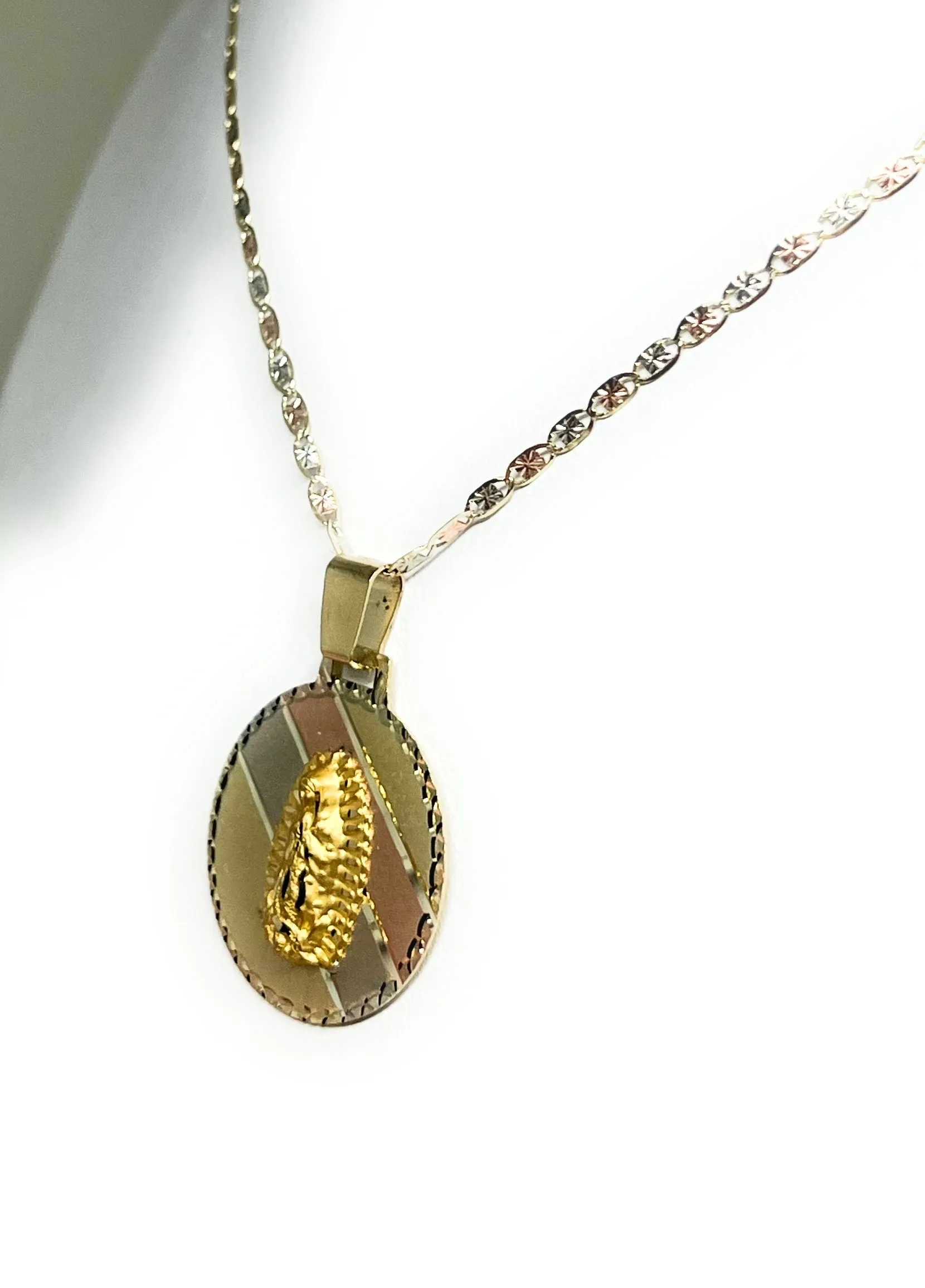 10k Solid Gold Tri-Color Virrgin Mary Pendant Necklace Virrgen Gaudalupe Valentina Chain (SM,MED) (MADE IN MX)