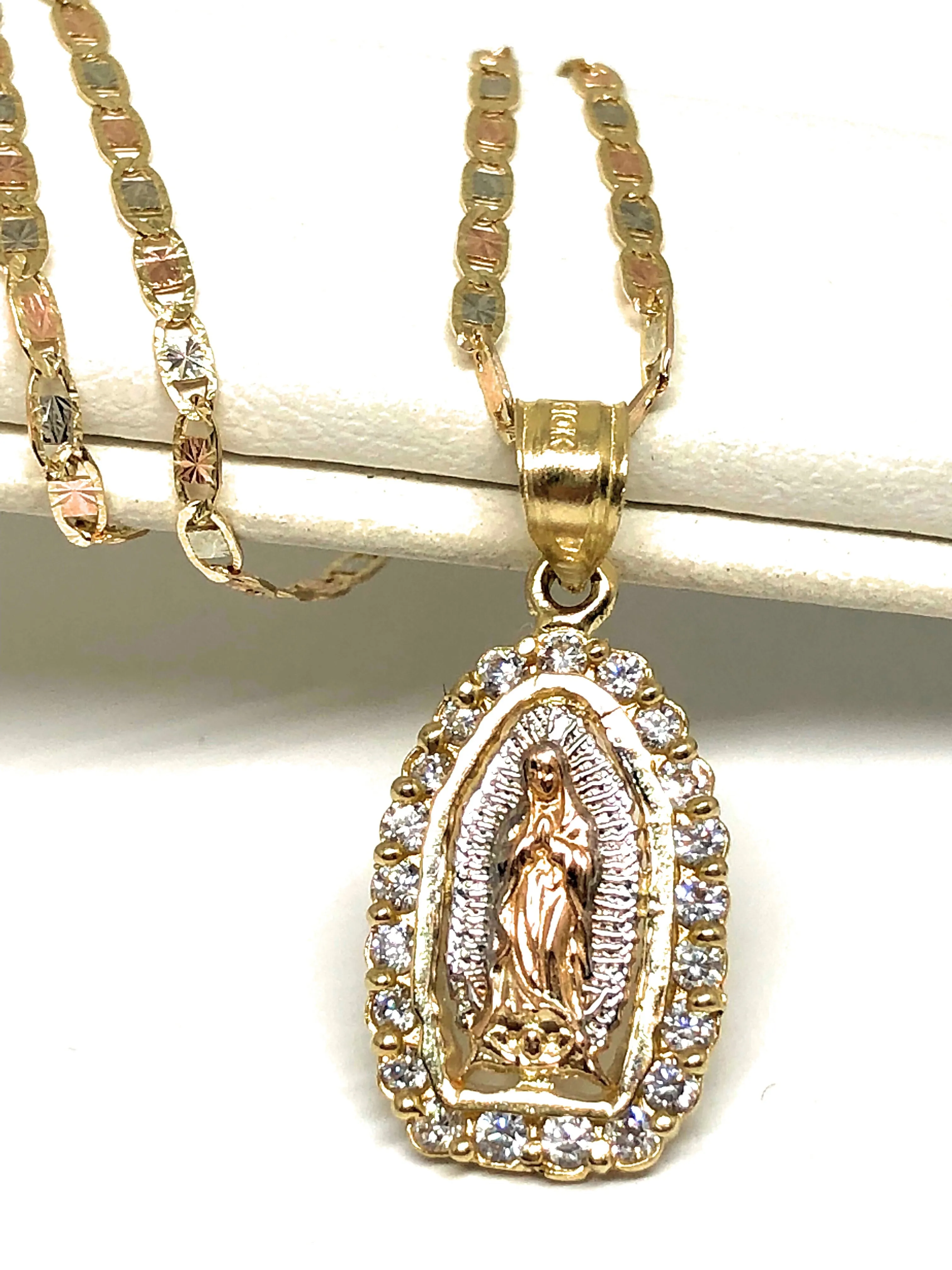 10k Solid Gold Tri-Color Virrgin Mary Pendant Necklace W/ Cubic Zirconia Virrgen Gaudalupe Valentina Chain (SM,MED)