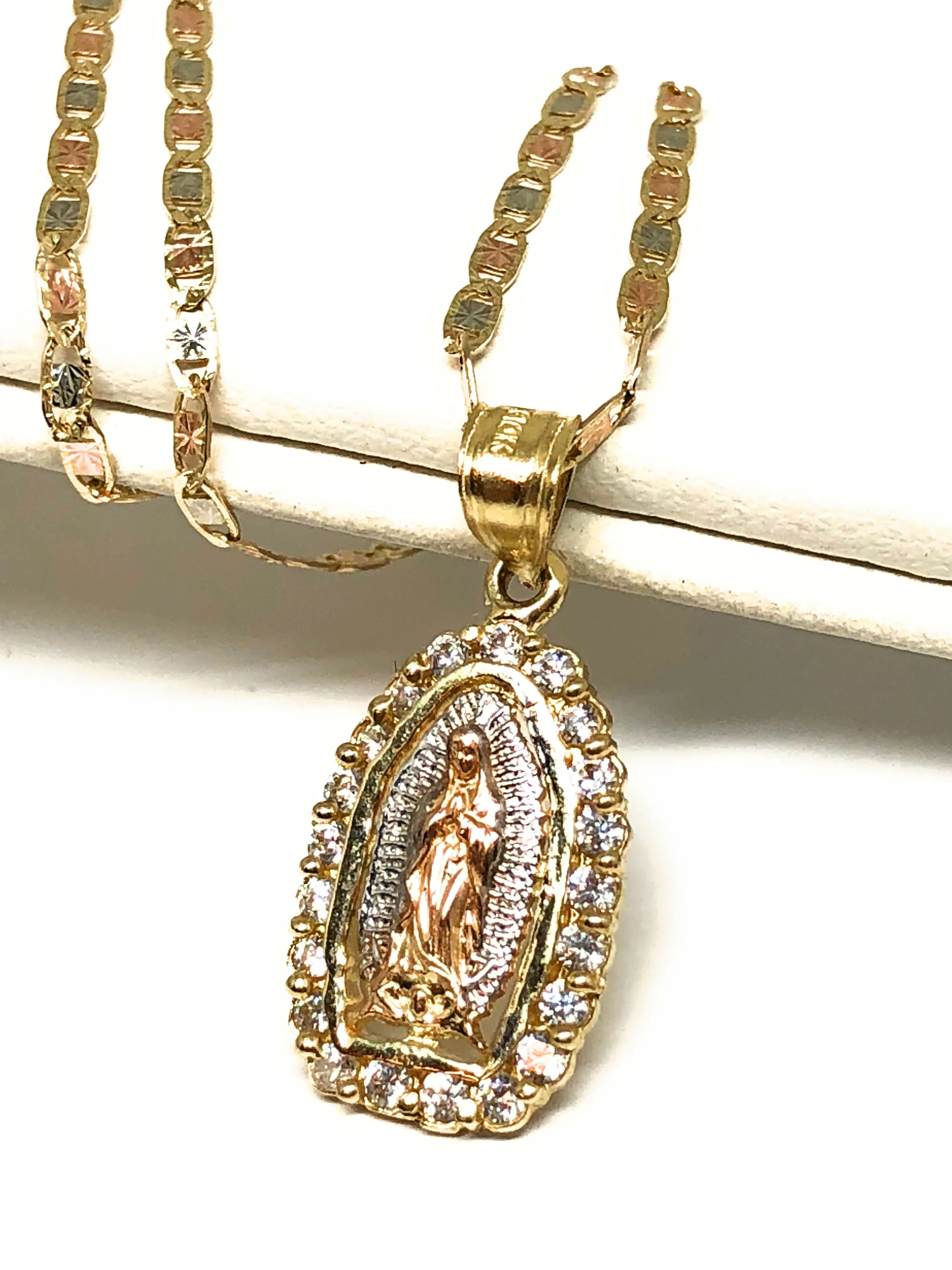 10k Solid Gold Tri-Color Virrgin Mary Pendant Necklace W/ Cubic Zirconia Virrgen Gaudalupe Valentina Chain (SM,MED)