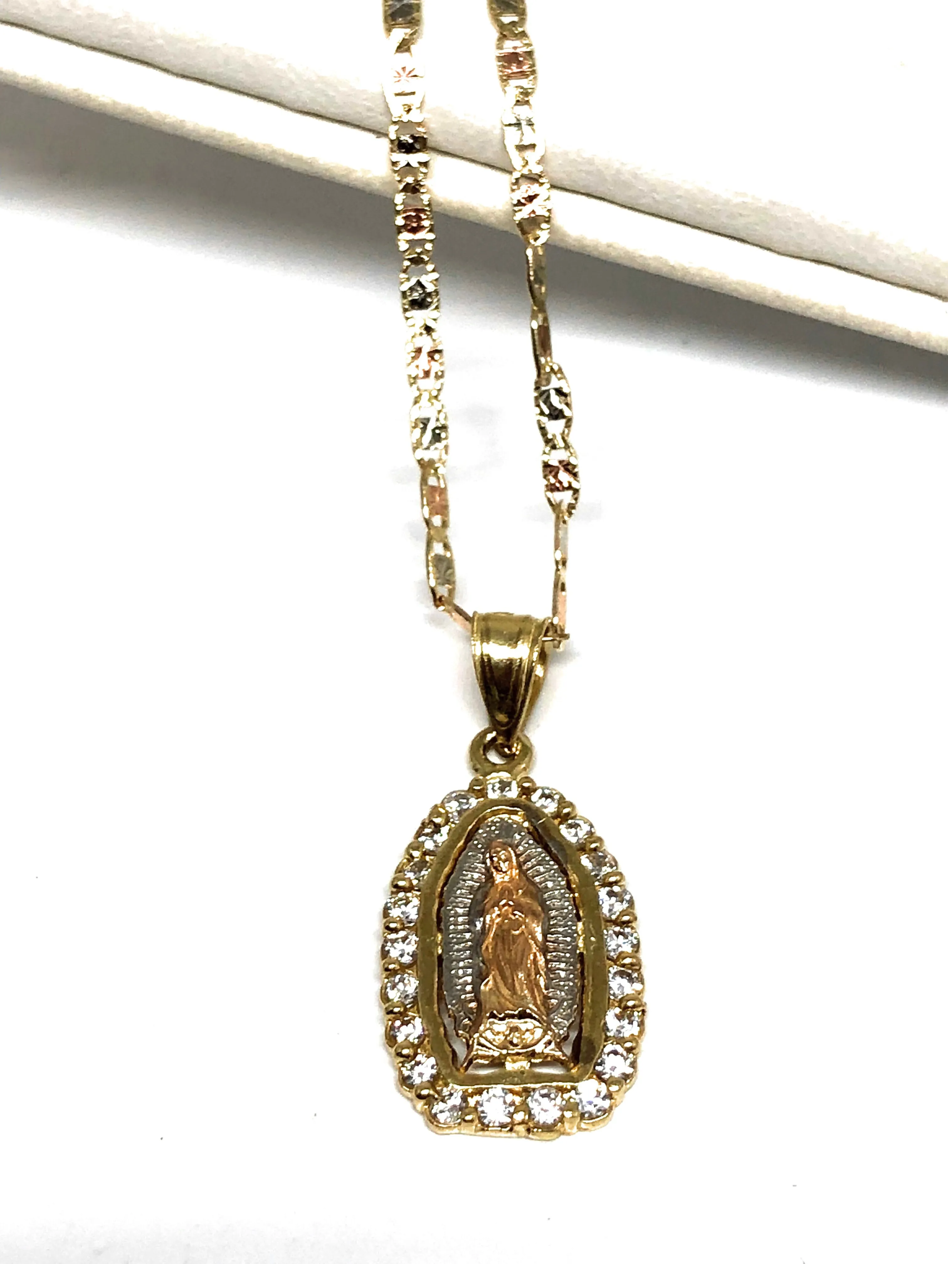 10k Solid Gold Tri-Color Virrgin Mary Pendant Necklace W/ Cubic Zirconia Virrgen Gaudalupe Valentina Chain (SM,MED)