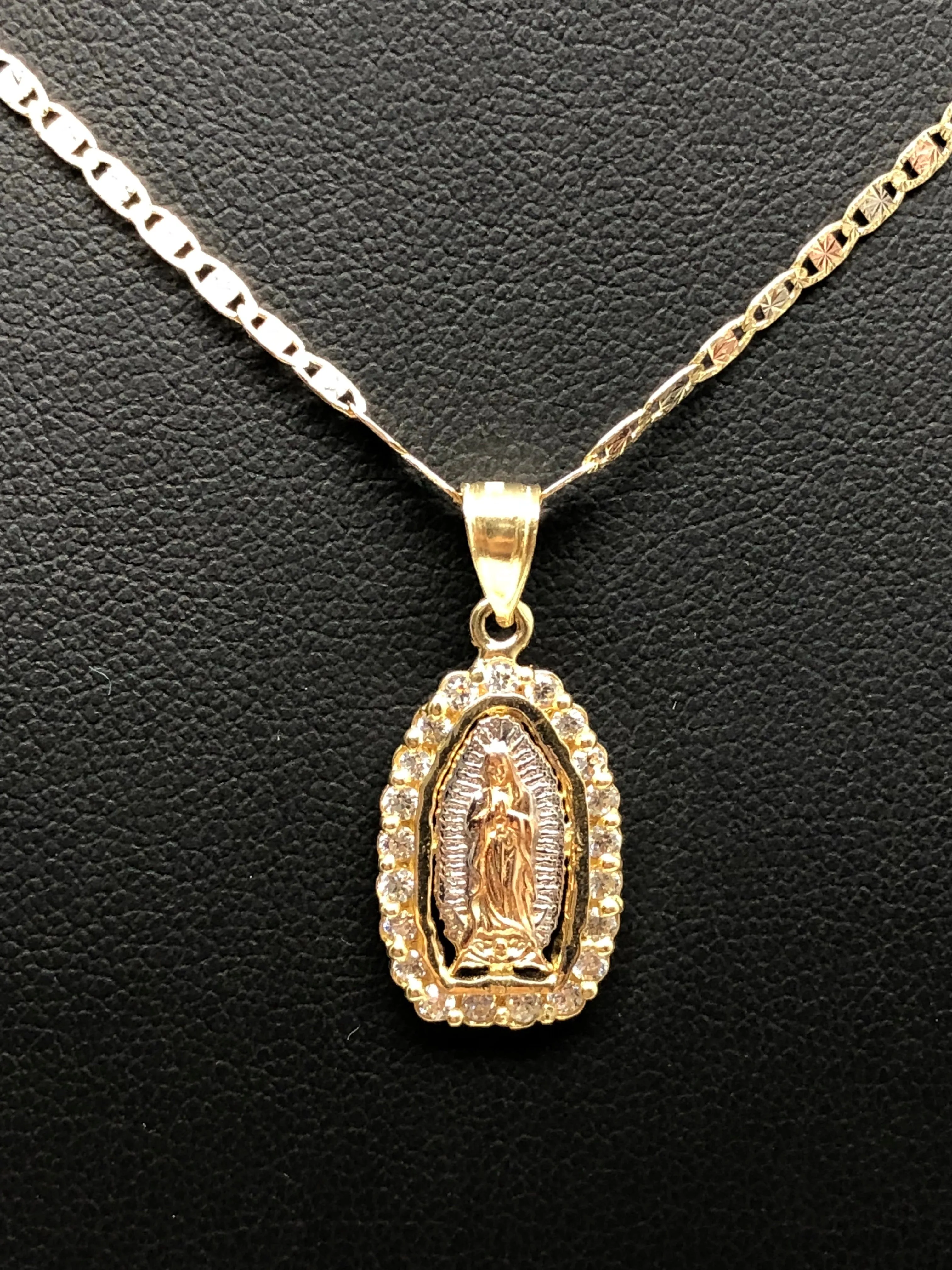 10k Solid Gold Tri-Color Virrgin Mary Pendant Necklace W/ Cubic Zirconia Virrgen Gaudalupe Valentina Chain (SM,MED)