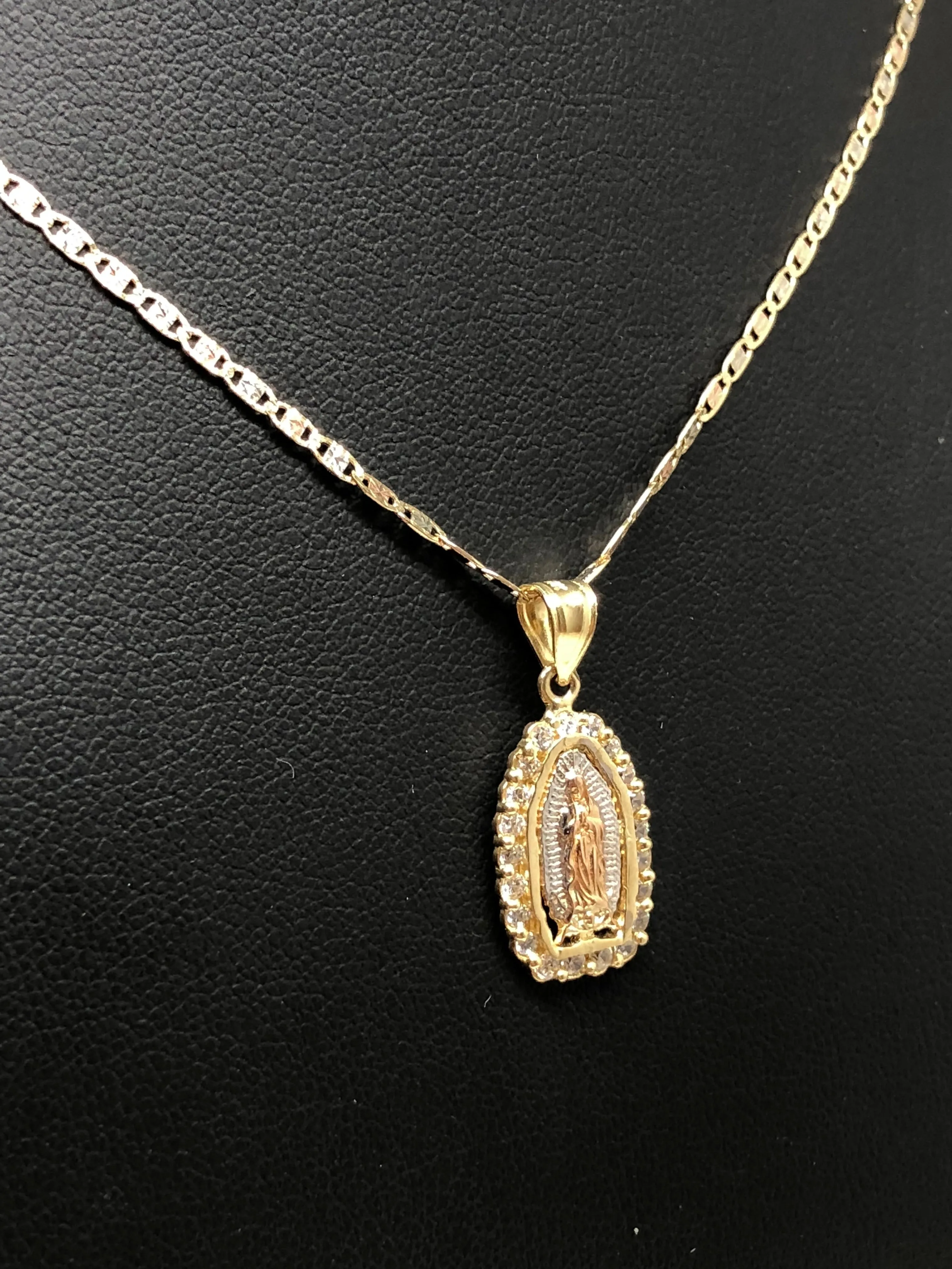 10k Solid Gold Tri-Color Virrgin Mary Pendant Necklace W/ Cubic Zirconia Virrgen Gaudalupe Valentina Chain (SM,MED)