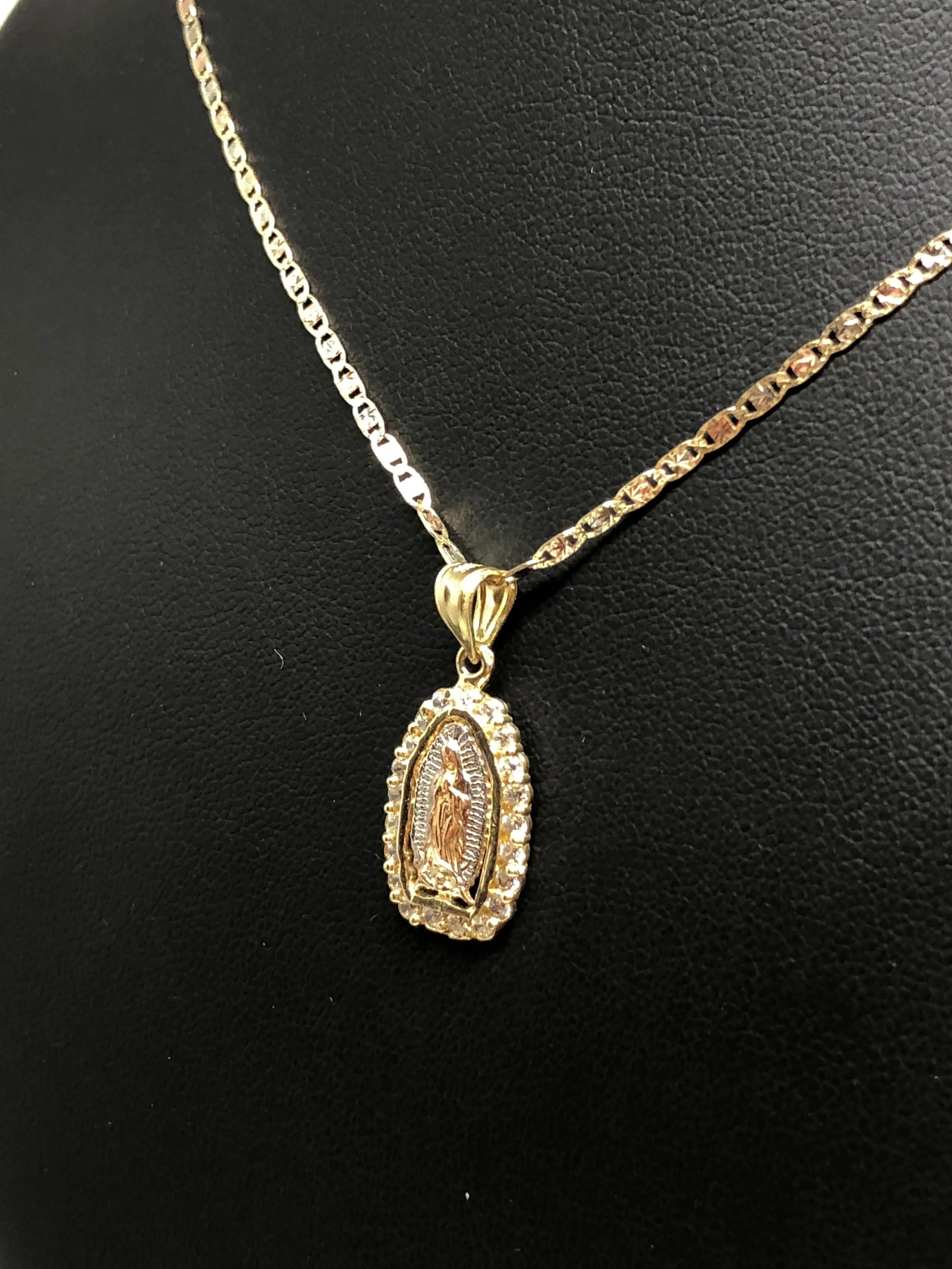 10k Solid Gold Tri-Color Virrgin Mary Pendant Necklace W/ Cubic Zirconia Virrgen Gaudalupe Valentina Chain (SM,MED)