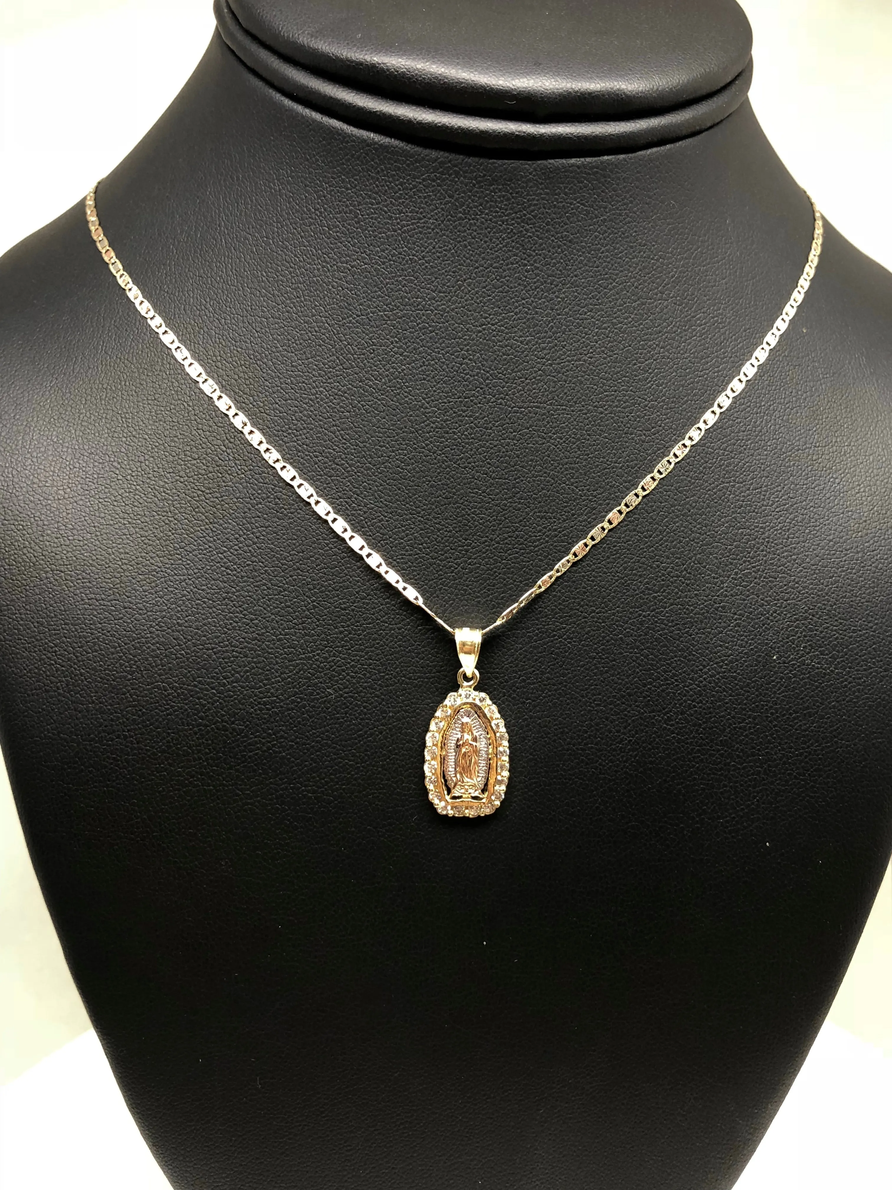 10k Solid Gold Tri-Color Virrgin Mary Pendant Necklace W/ Cubic Zirconia Virrgen Gaudalupe Valentina Chain (SM,MED)