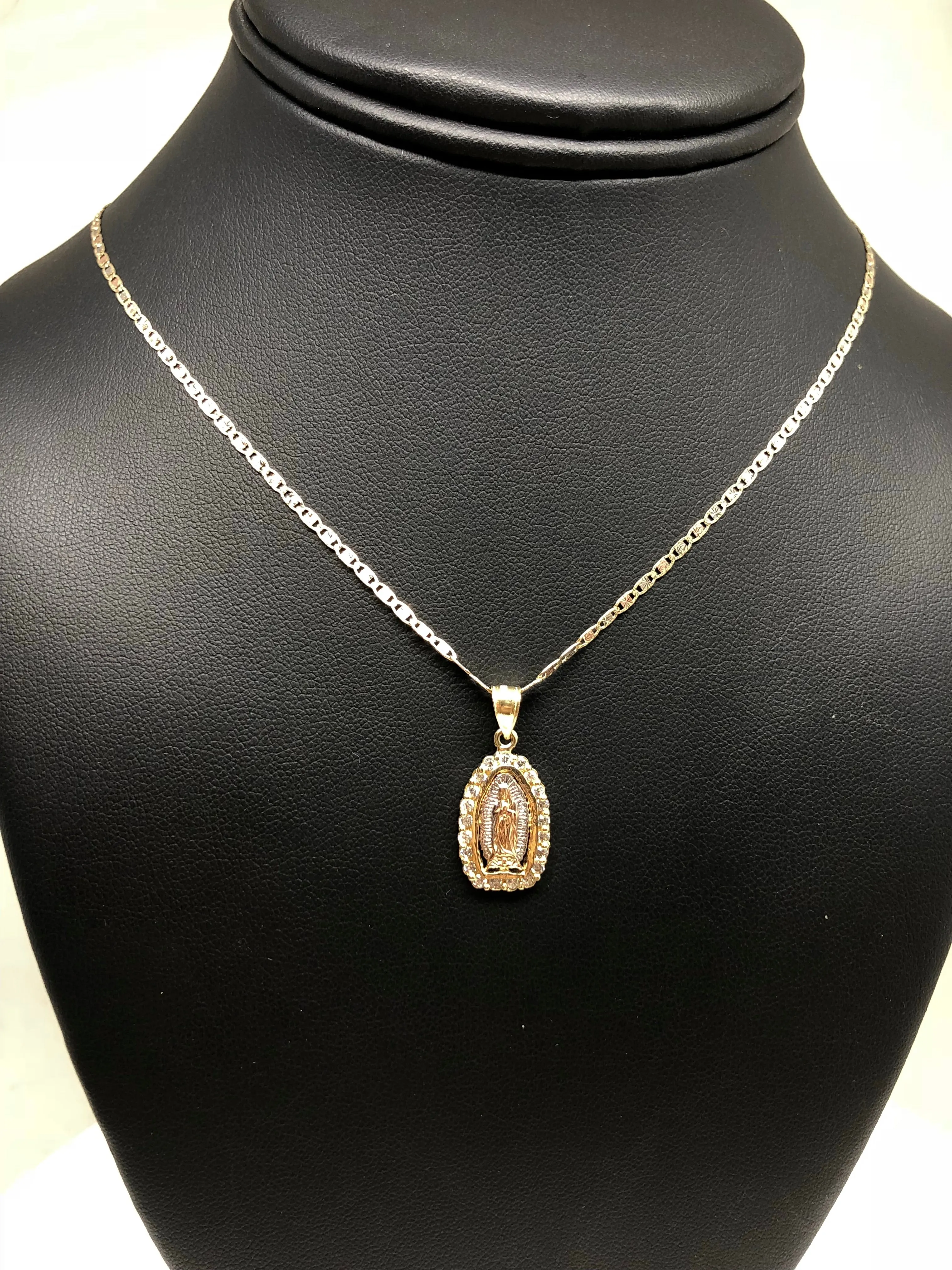 10k Solid Gold Tri-Color Virrgin Mary Pendant Necklace W/ Cubic Zirconia Virrgen Gaudalupe Valentina Chain (SM,MED)