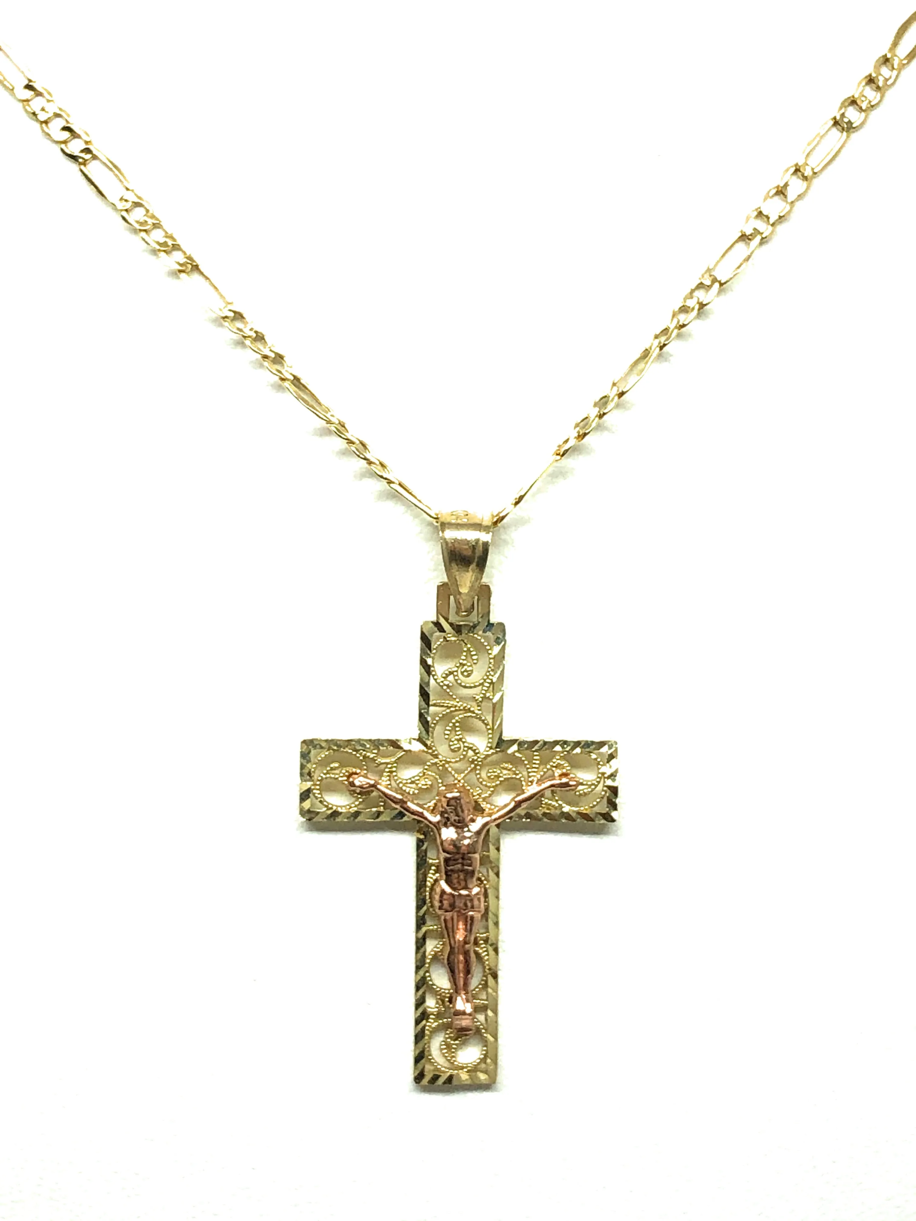 10k Solid Gold Yellow & Rose 2-Tone Filigran Jesus Cross Crucifix Pendant Necklace (SM, MED)