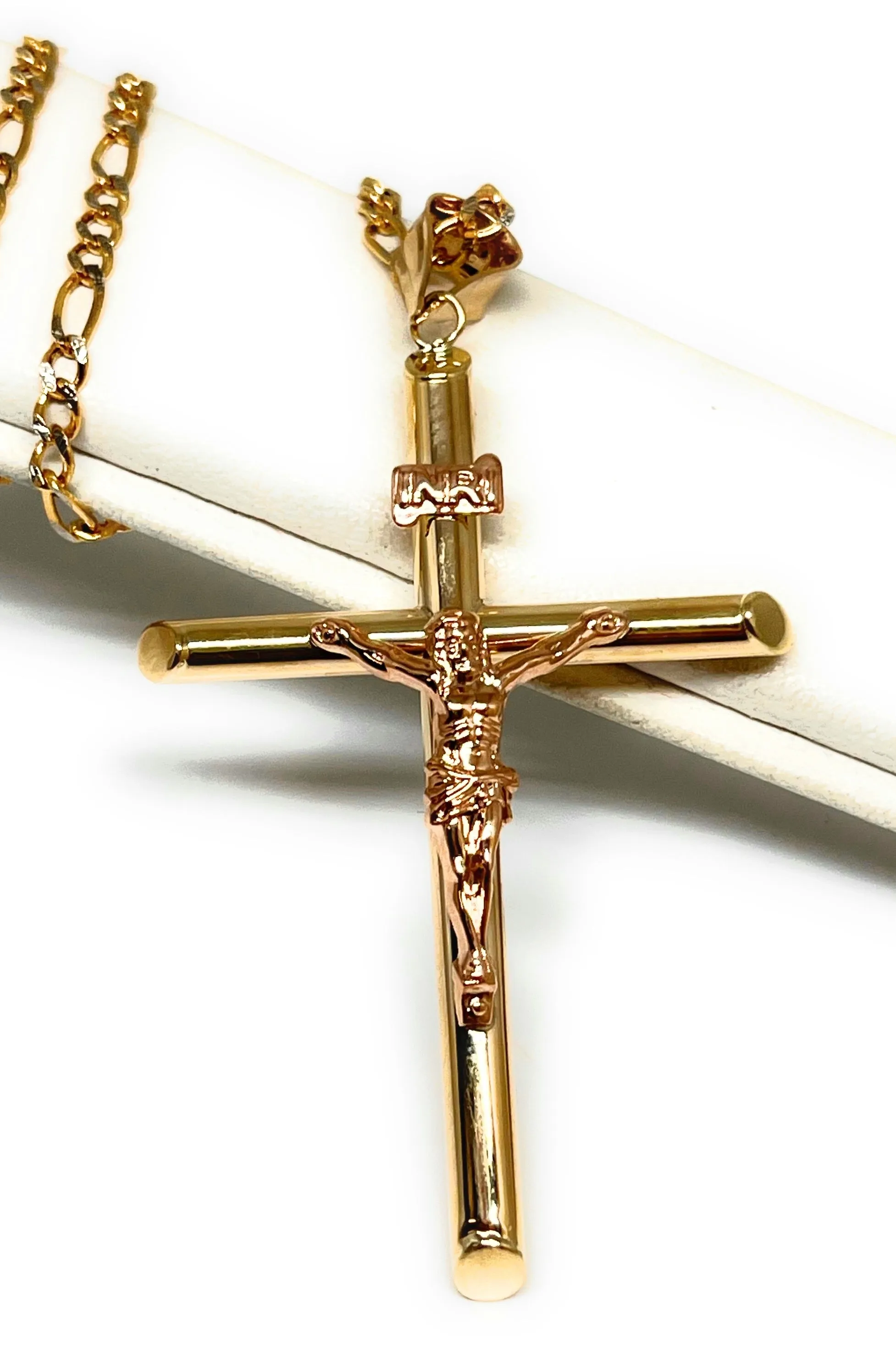 10k Solid Gold Yellow & Rose Gold Classic Jesus Cross Crucifix Pendant Necklace (SM, MED, LG) (MADE IN MX)