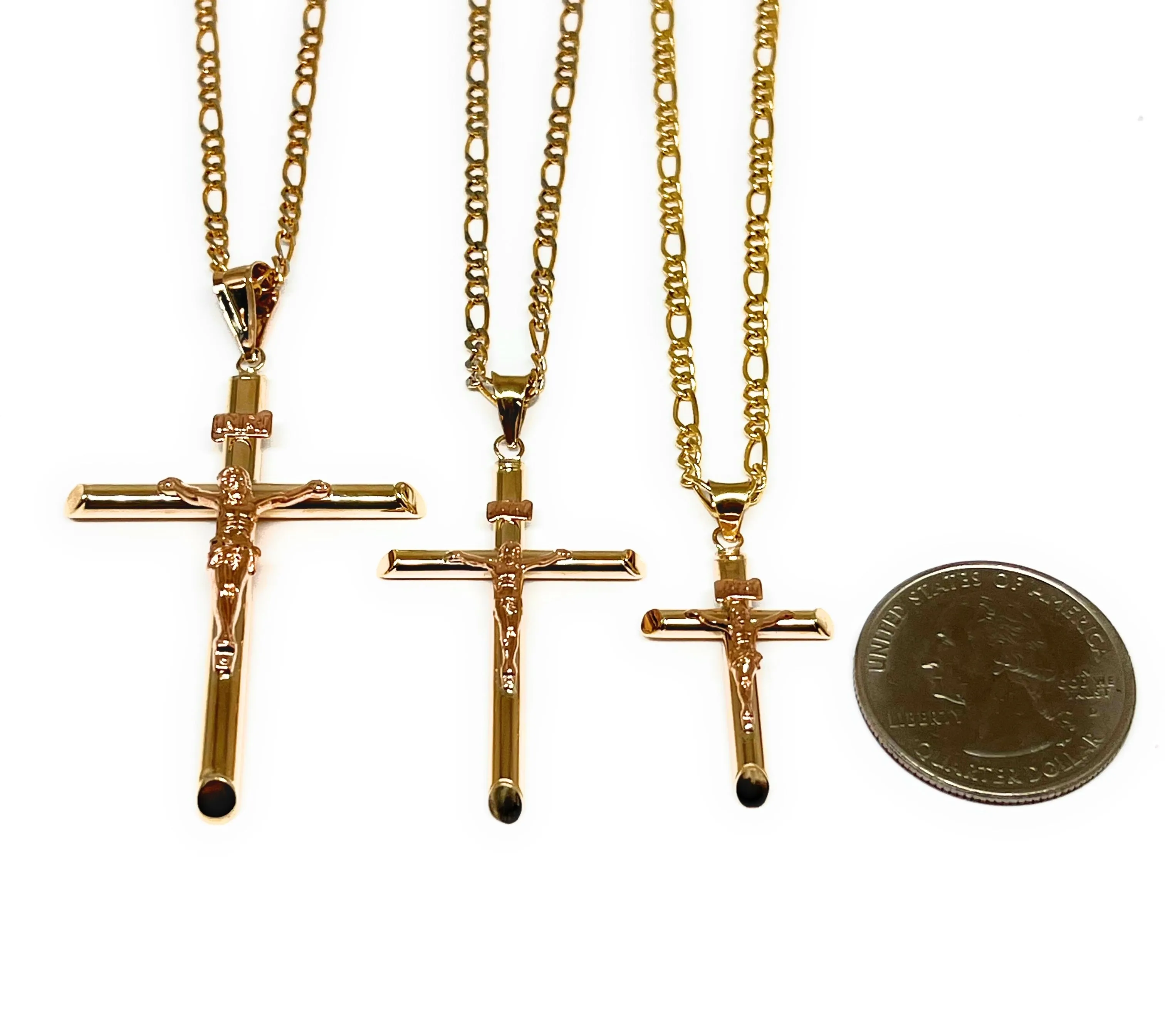 10k Solid Gold Yellow & Rose Gold Classic Jesus Cross Crucifix Pendant Necklace (SM, MED, LG) (MADE IN MX)