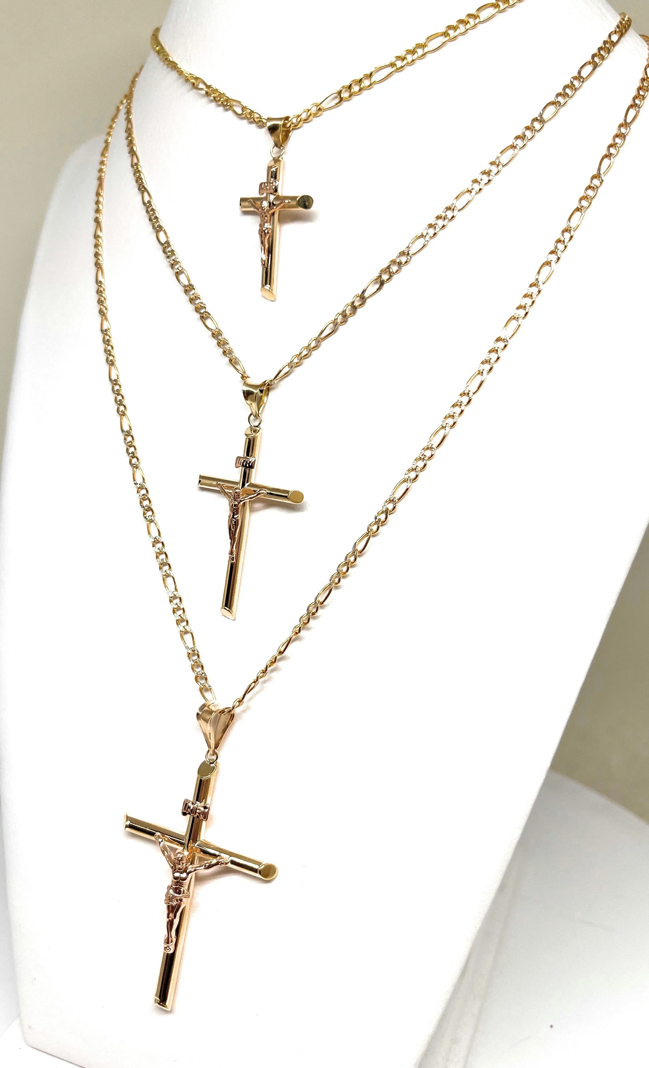 10k Solid Gold Yellow & Rose Gold Classic Jesus Cross Crucifix Pendant Necklace (SM, MED, LG) (MADE IN MX)