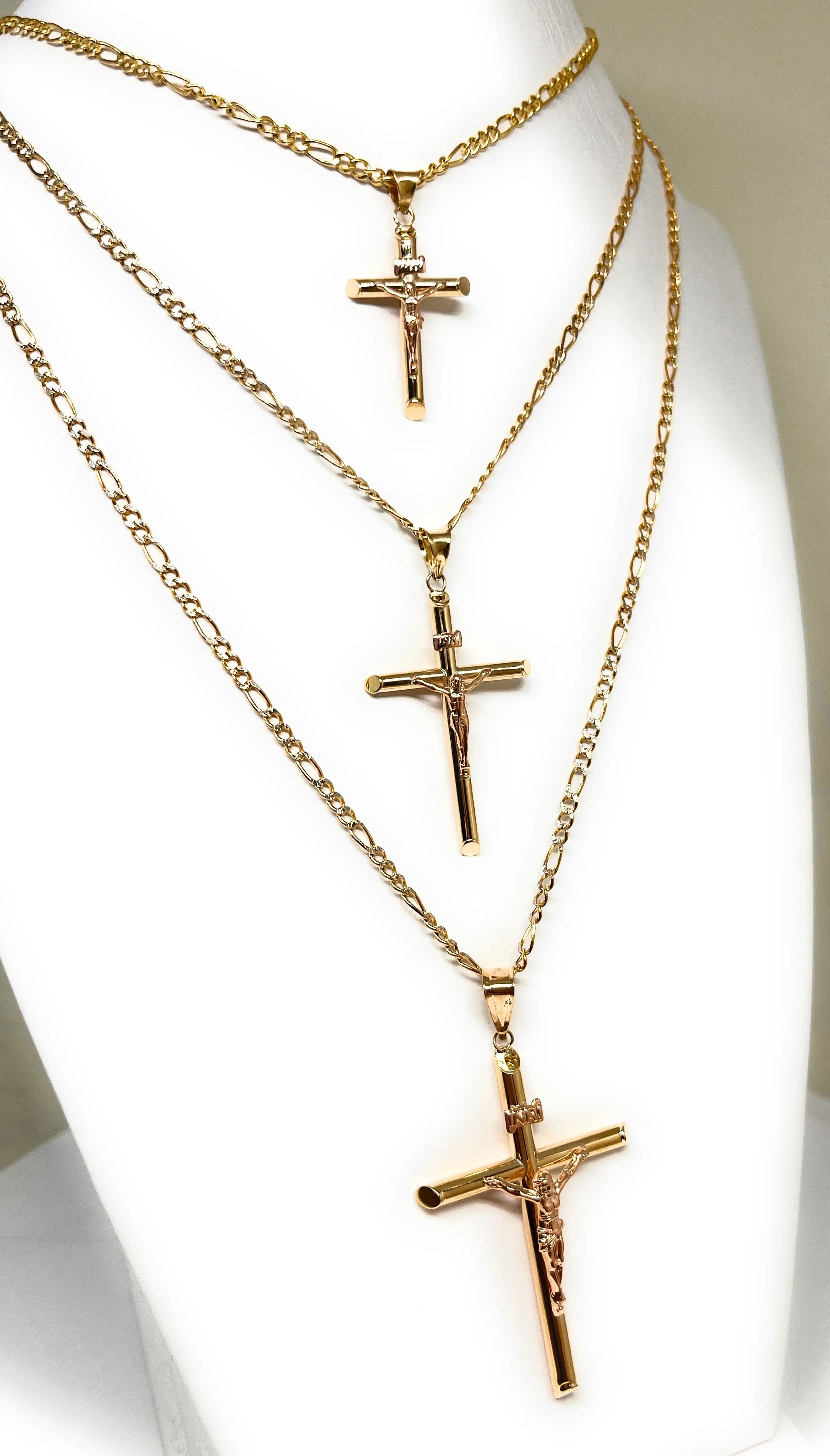 10k Solid Gold Yellow & Rose Gold Classic Jesus Cross Crucifix Pendant Necklace (SM, MED, LG) (MADE IN MX)