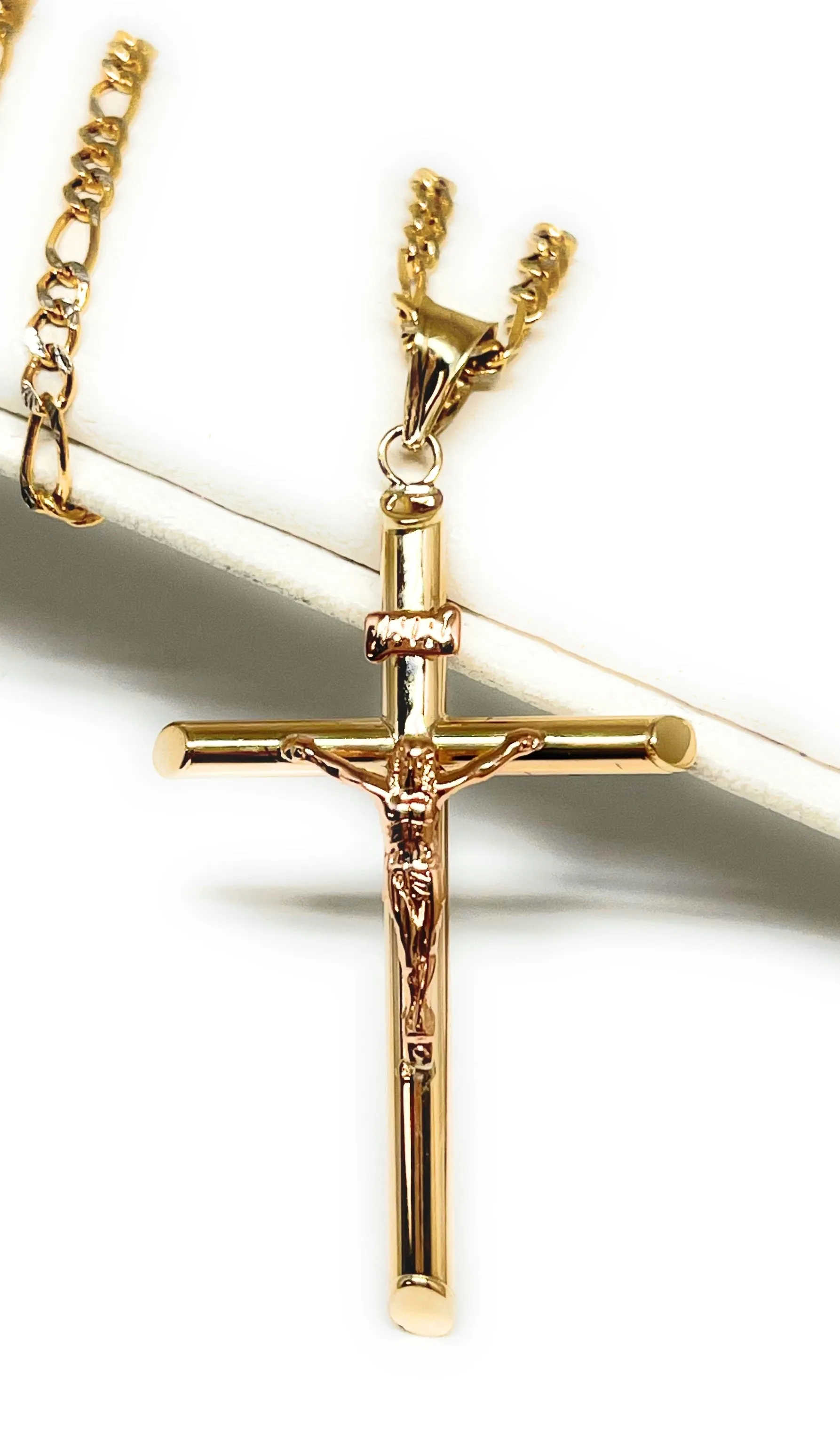 10k Solid Gold Yellow & Rose Gold Classic Jesus Cross Crucifix Pendant Necklace (SM, MED, LG) (MADE IN MX)