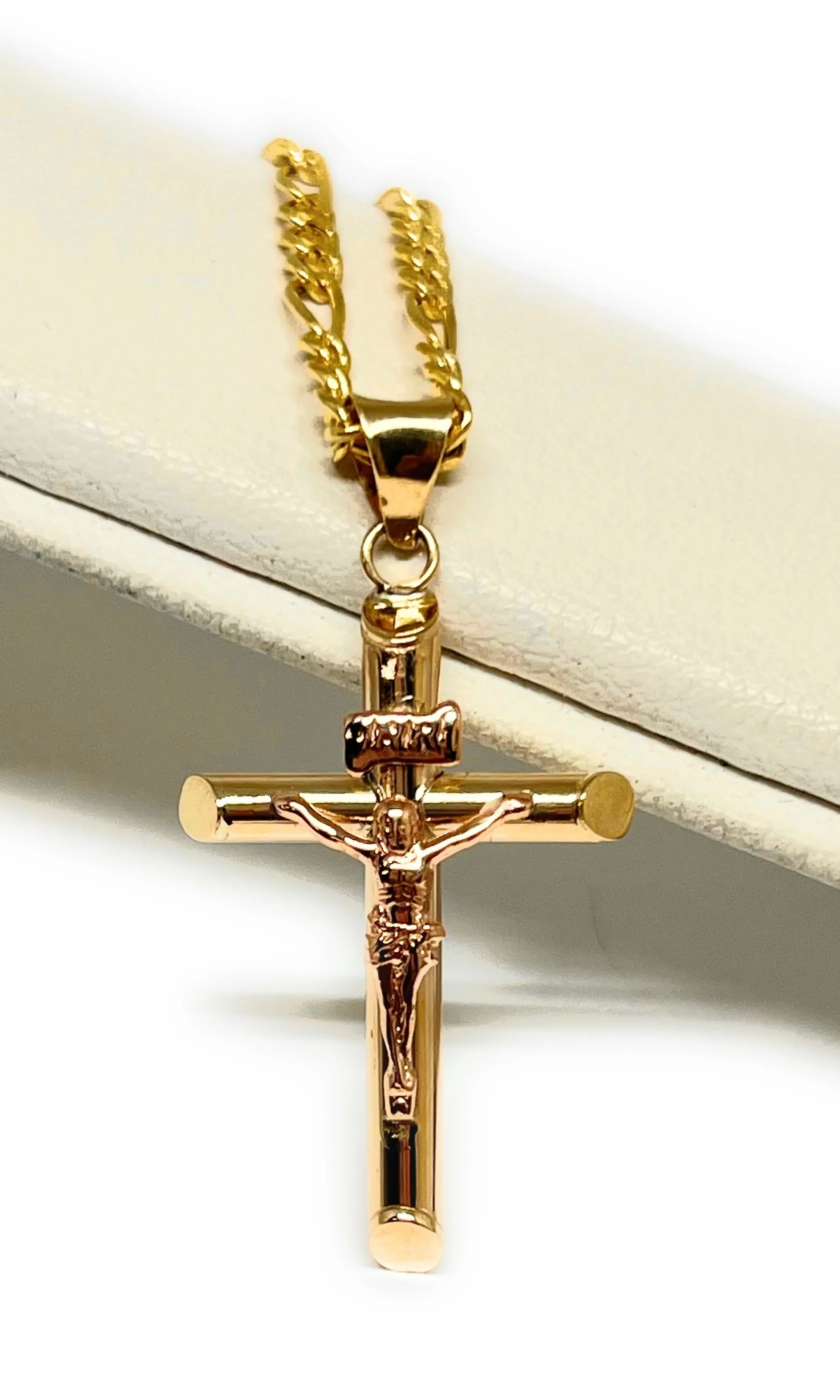 10k Solid Gold Yellow & Rose Gold Classic Jesus Cross Crucifix Pendant Necklace (SM, MED, LG) (MADE IN MX)