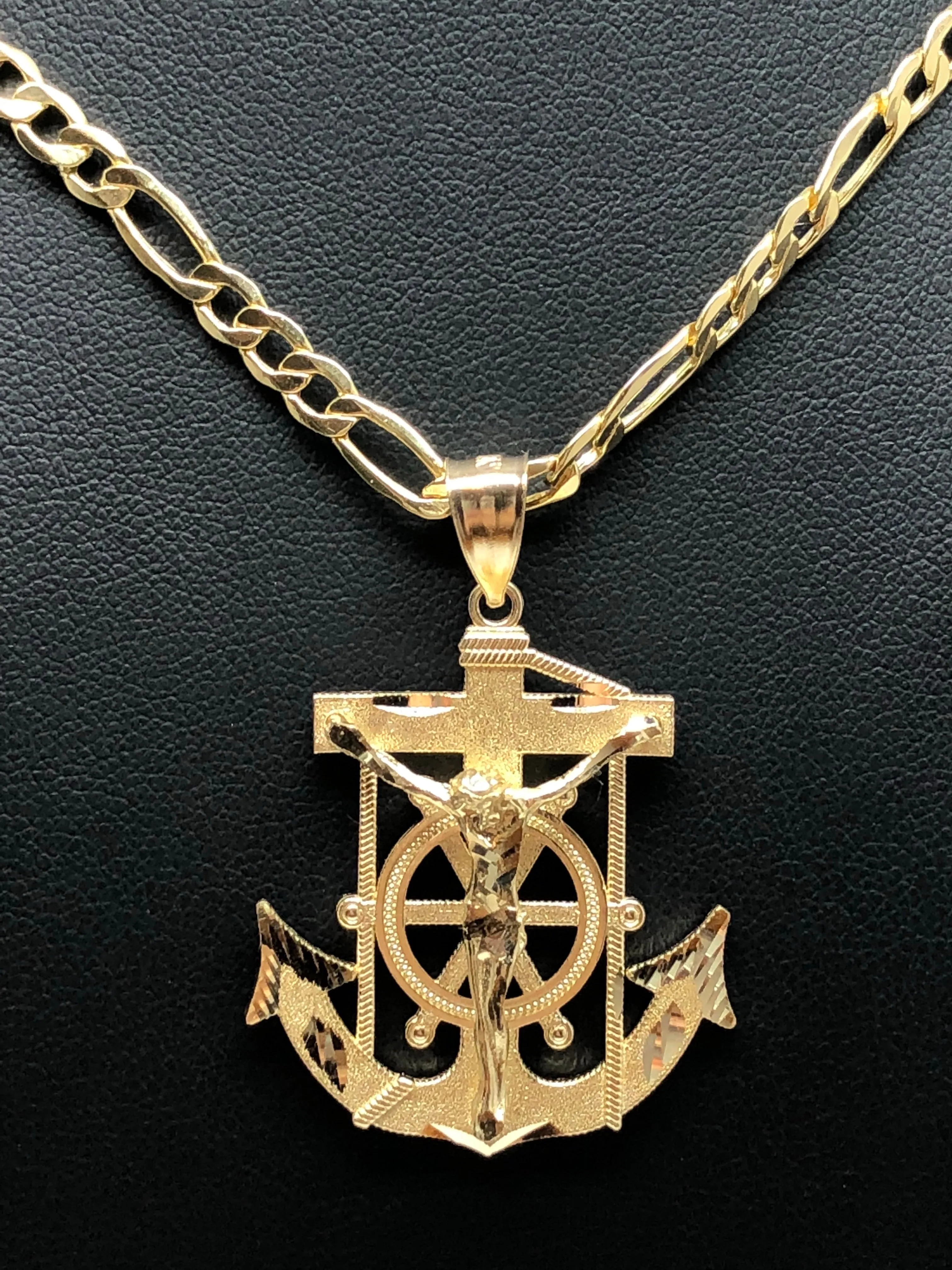 10k Solid Gold Yellow Anchor Jesus Crucifix Ancla Cristo Pendant Necklace with Chain (SM,MED,LG)