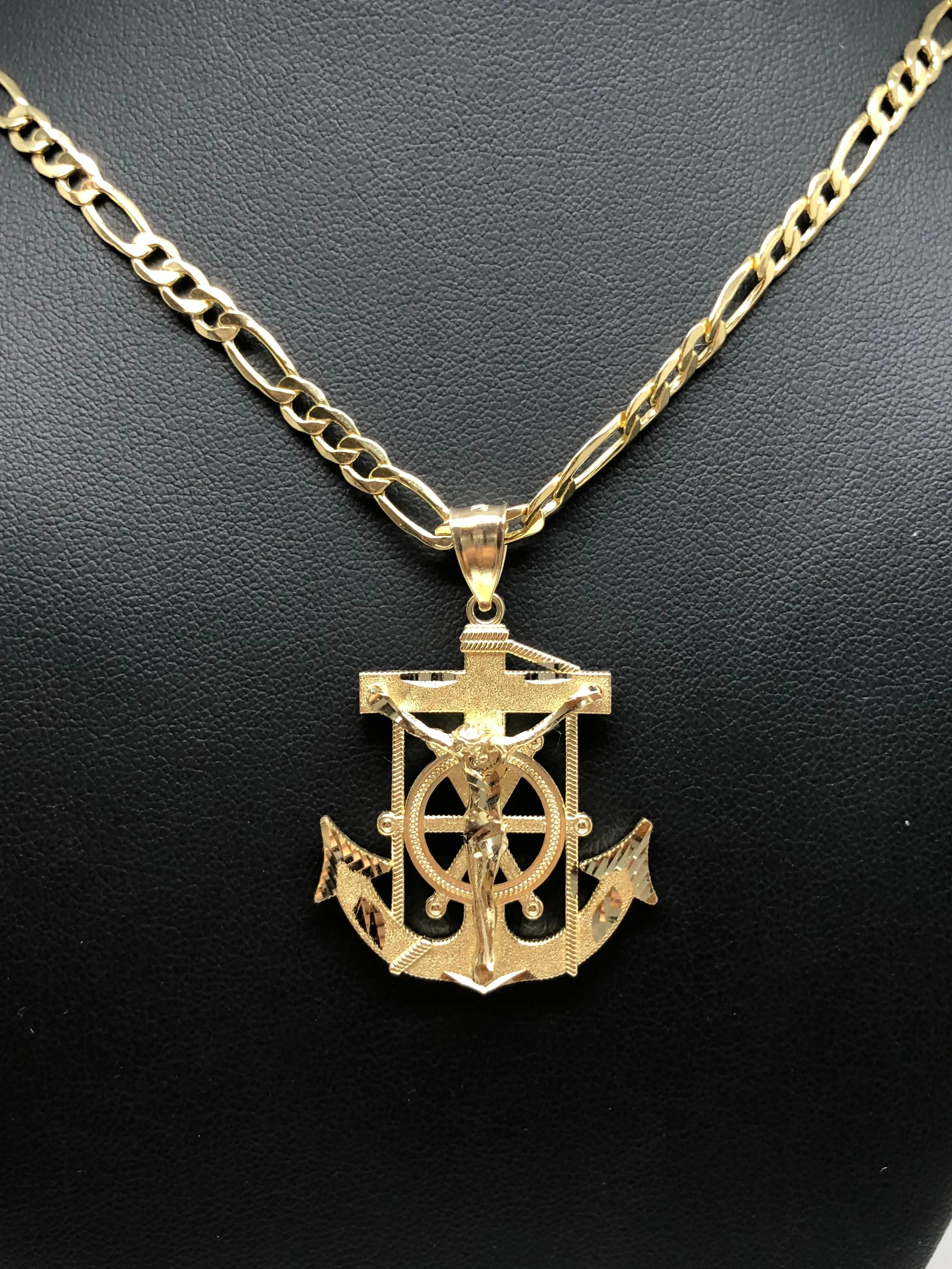 10k Solid Gold Yellow Anchor Jesus Crucifix Ancla Cristo Pendant Necklace with Chain (SM,MED,LG)