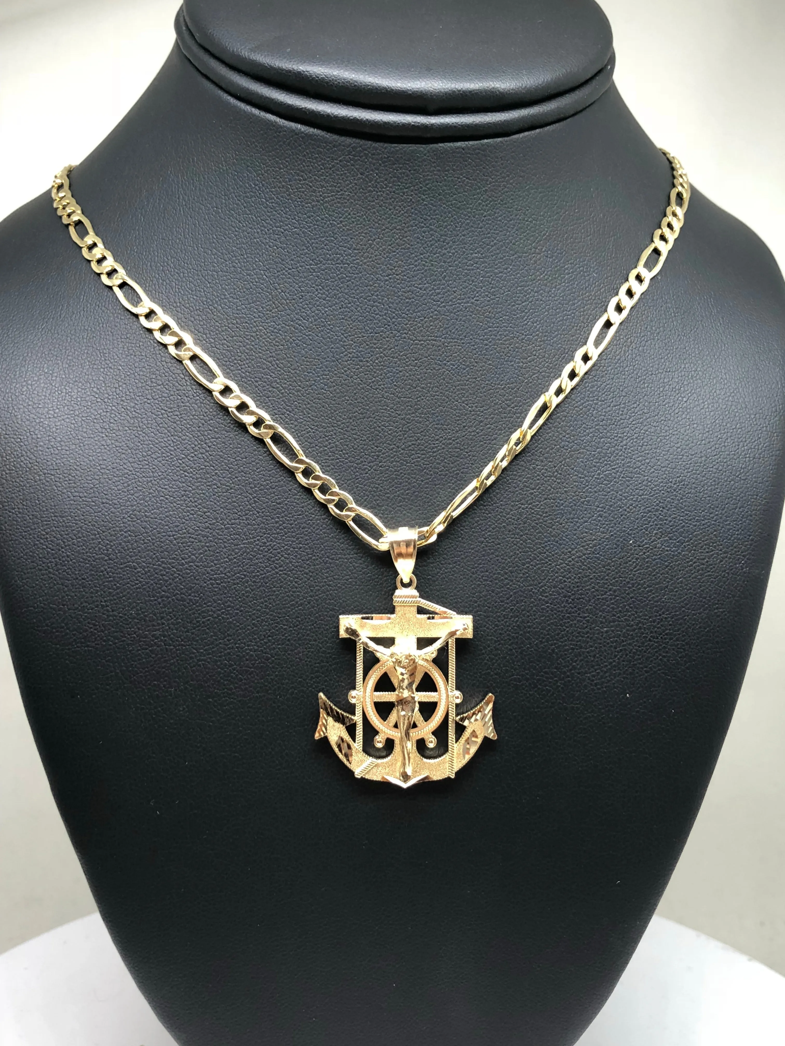 10k Solid Gold Yellow Anchor Jesus Crucifix Ancla Cristo Pendant Necklace with Chain (SM,MED,LG)