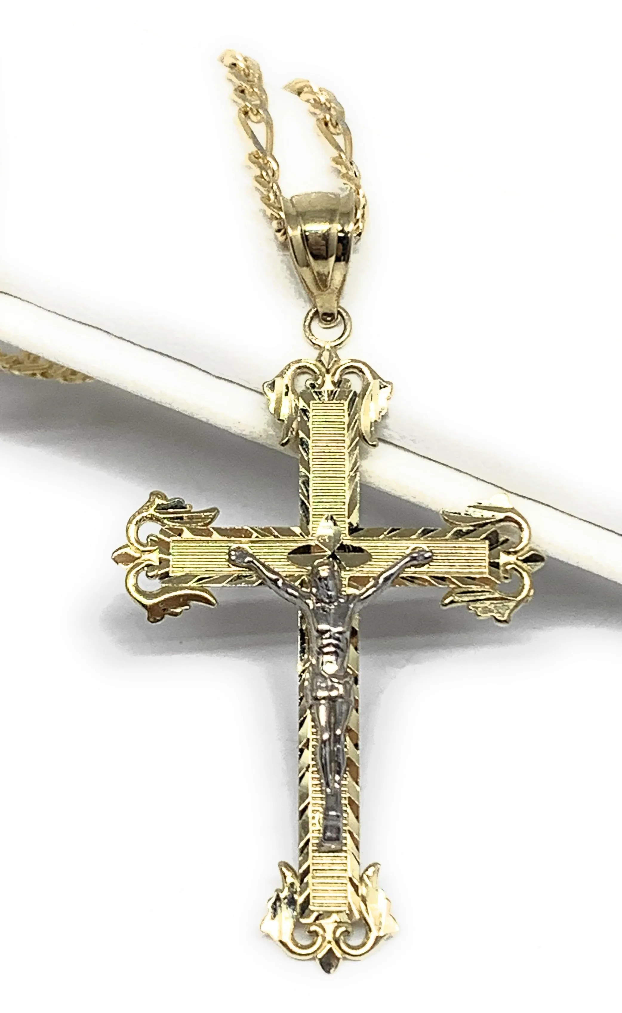 10k Solid Gold Yellow Classic 2-Tone Jesus Cross Crucifix Pendant Necklace (SM, MED)