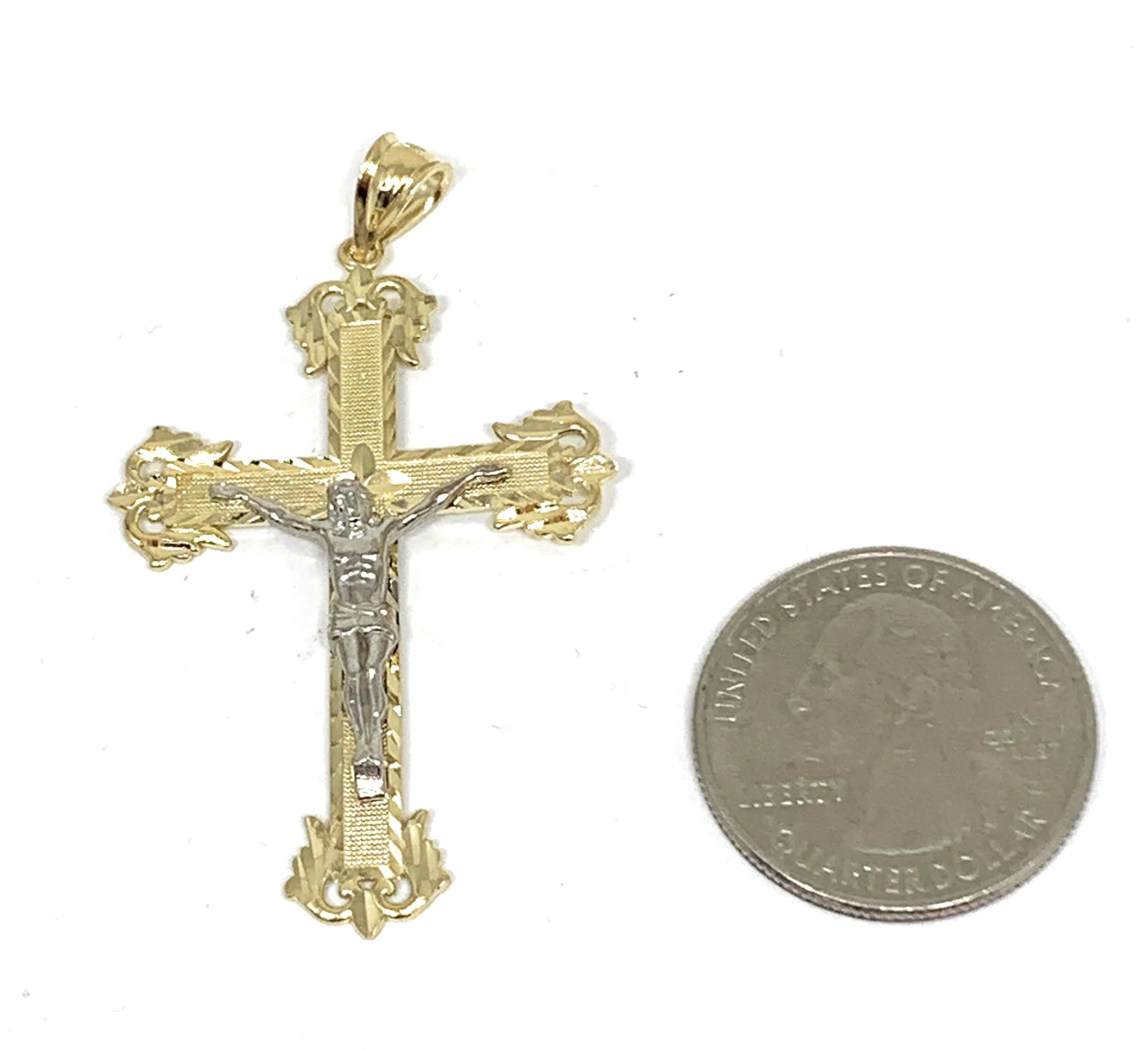 10k Solid Gold Yellow Classic 2-Tone Jesus Cross Crucifix Pendant Necklace (SM, MED)