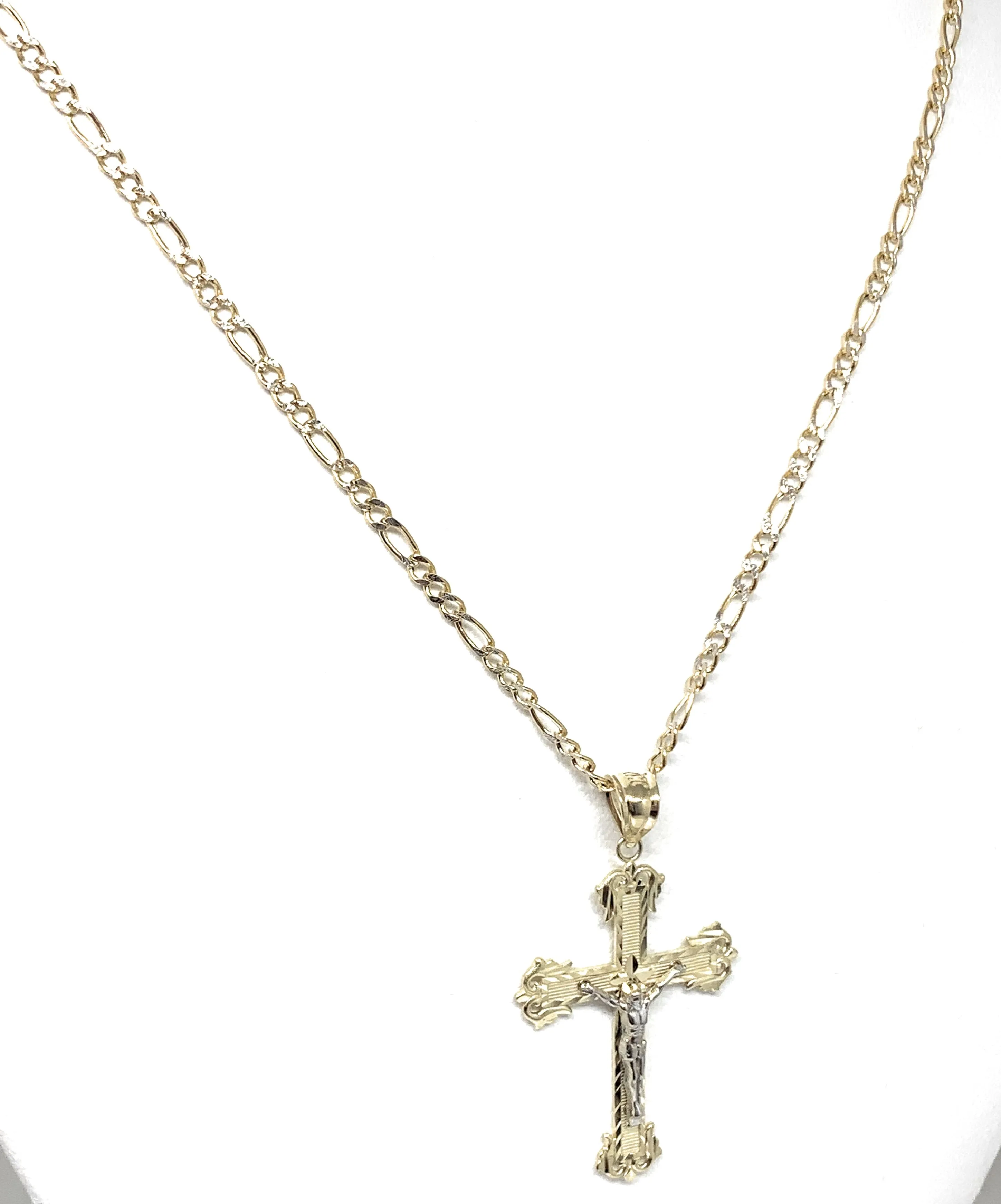 10k Solid Gold Yellow Classic 2-Tone Jesus Cross Crucifix Pendant Necklace (SM, MED)