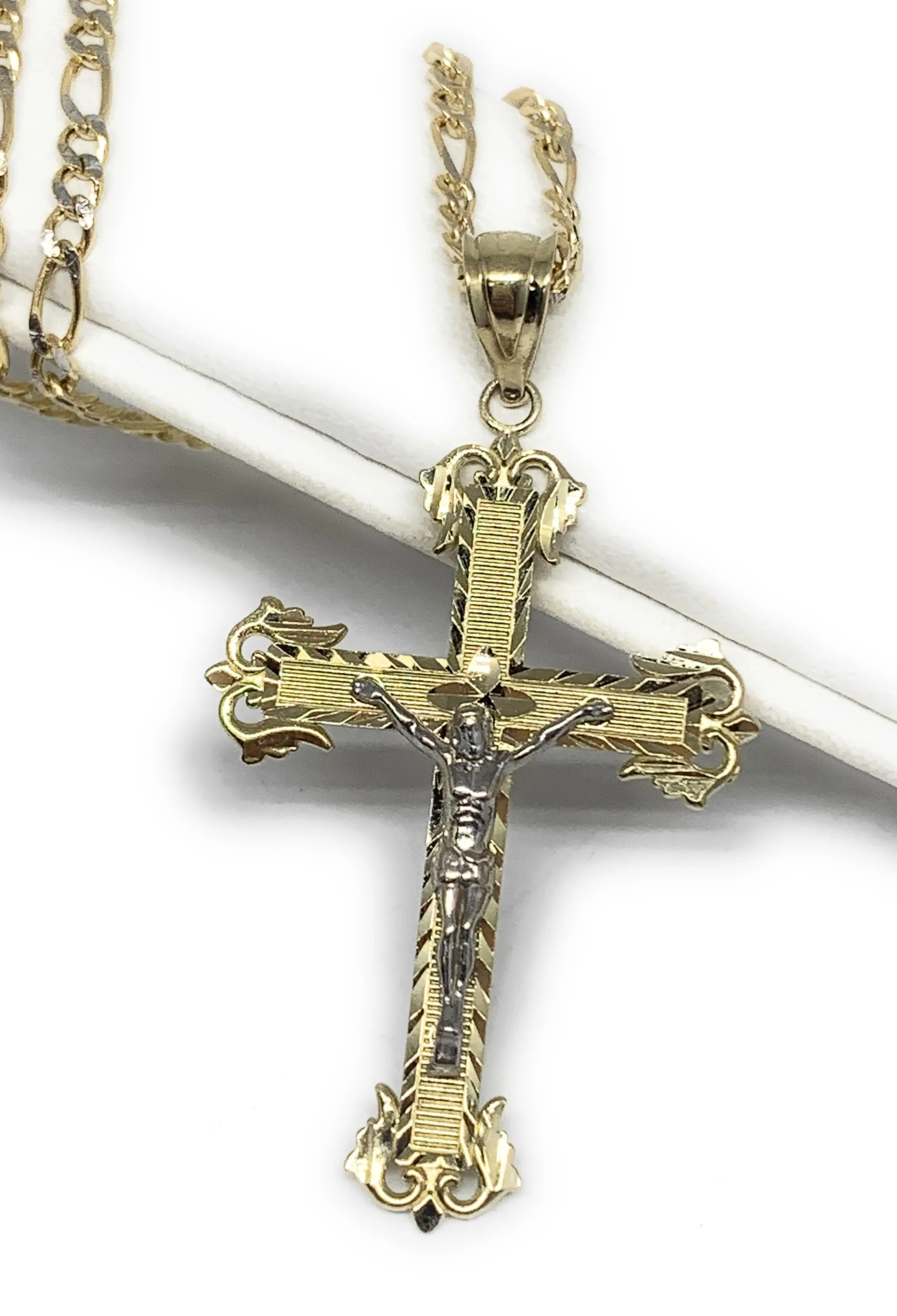 10k Solid Gold Yellow Classic 2-Tone Jesus Cross Crucifix Pendant Necklace (SM, MED)