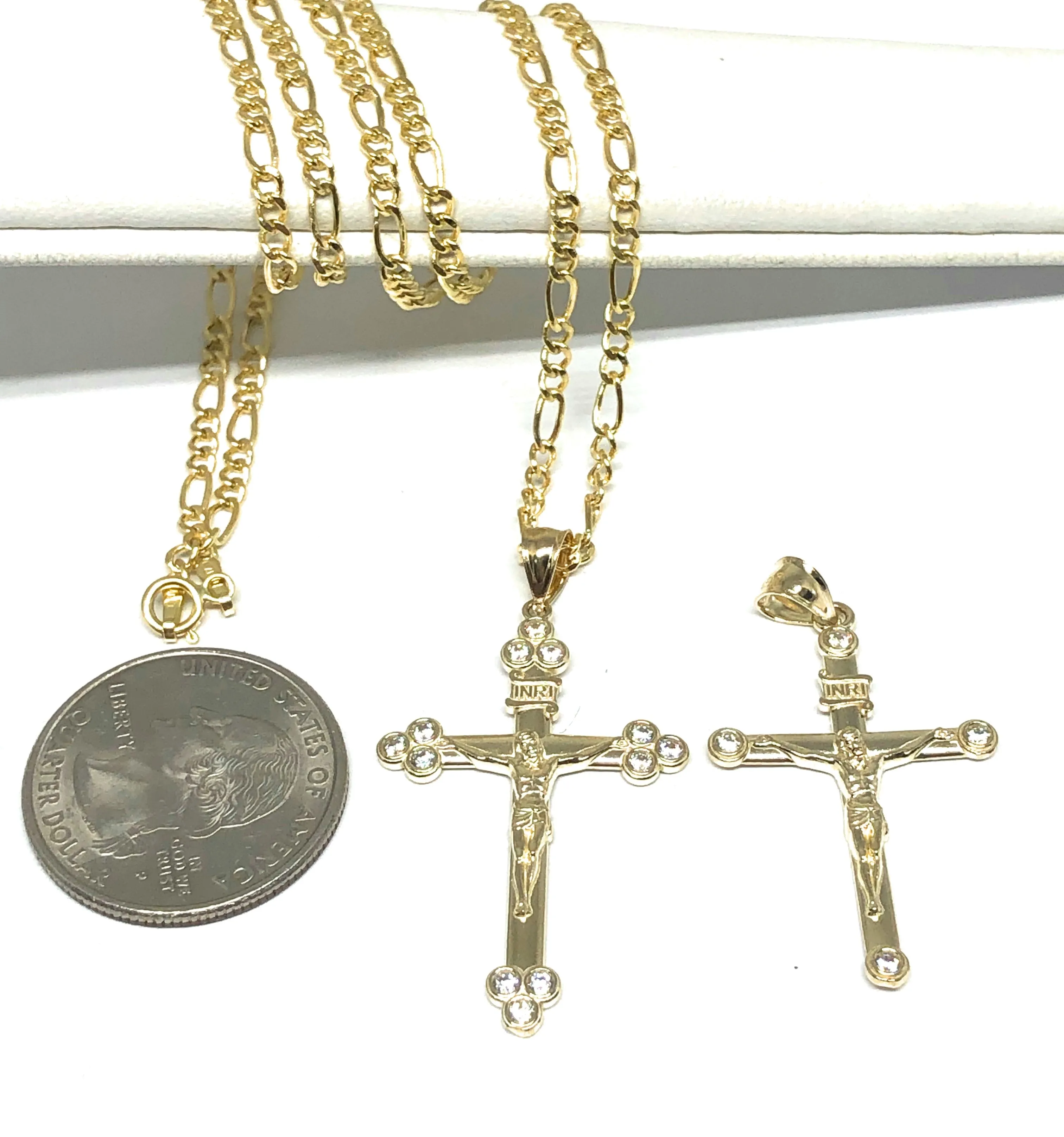 10k Solid Gold Yellow Classic INRI Jesus Cross Crucifix Pendant Necklace (SM,MED)