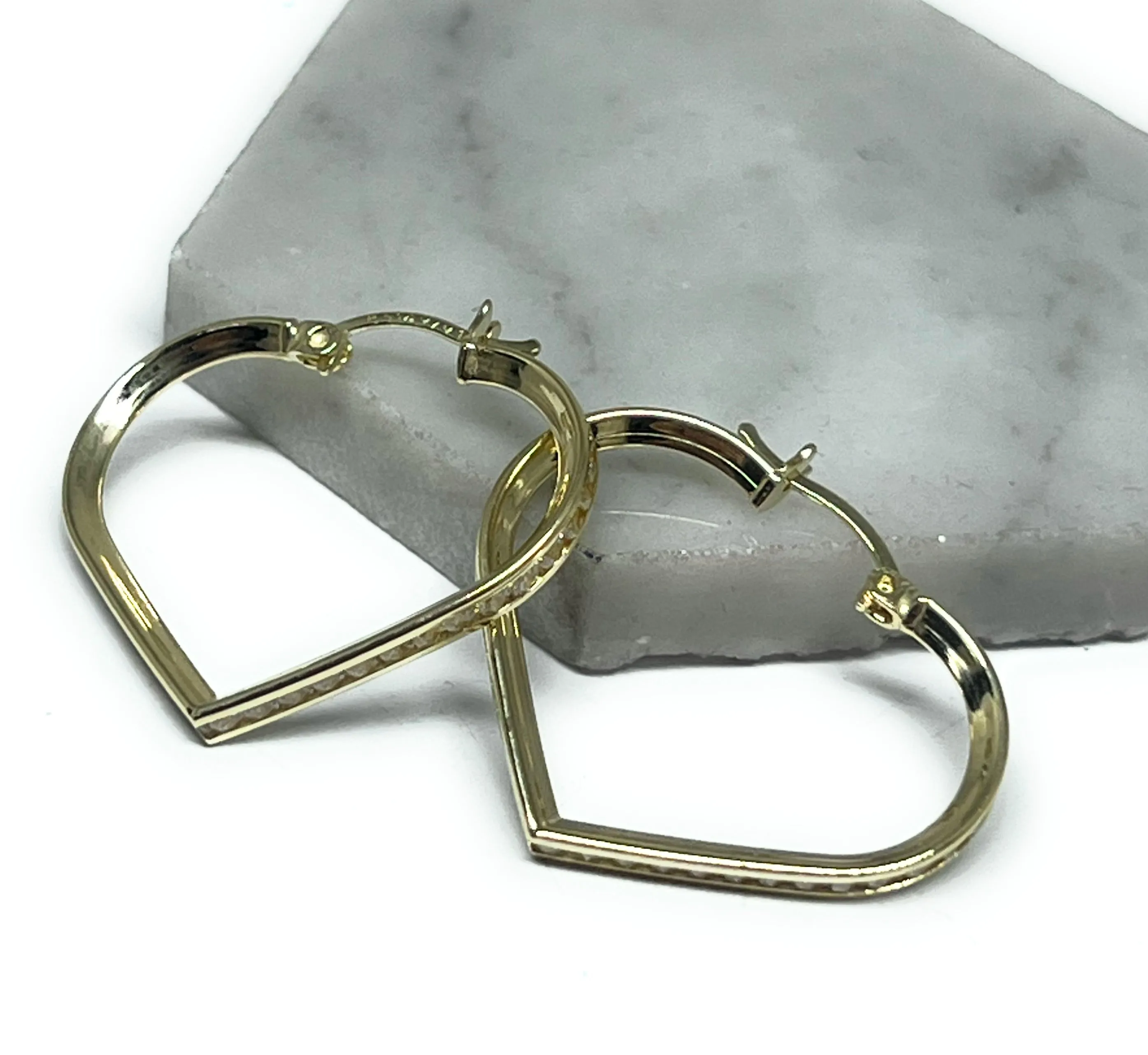 10k Solid Gold Yellow CZ Heart Hoop Earrings Arracadas (SM, MED)