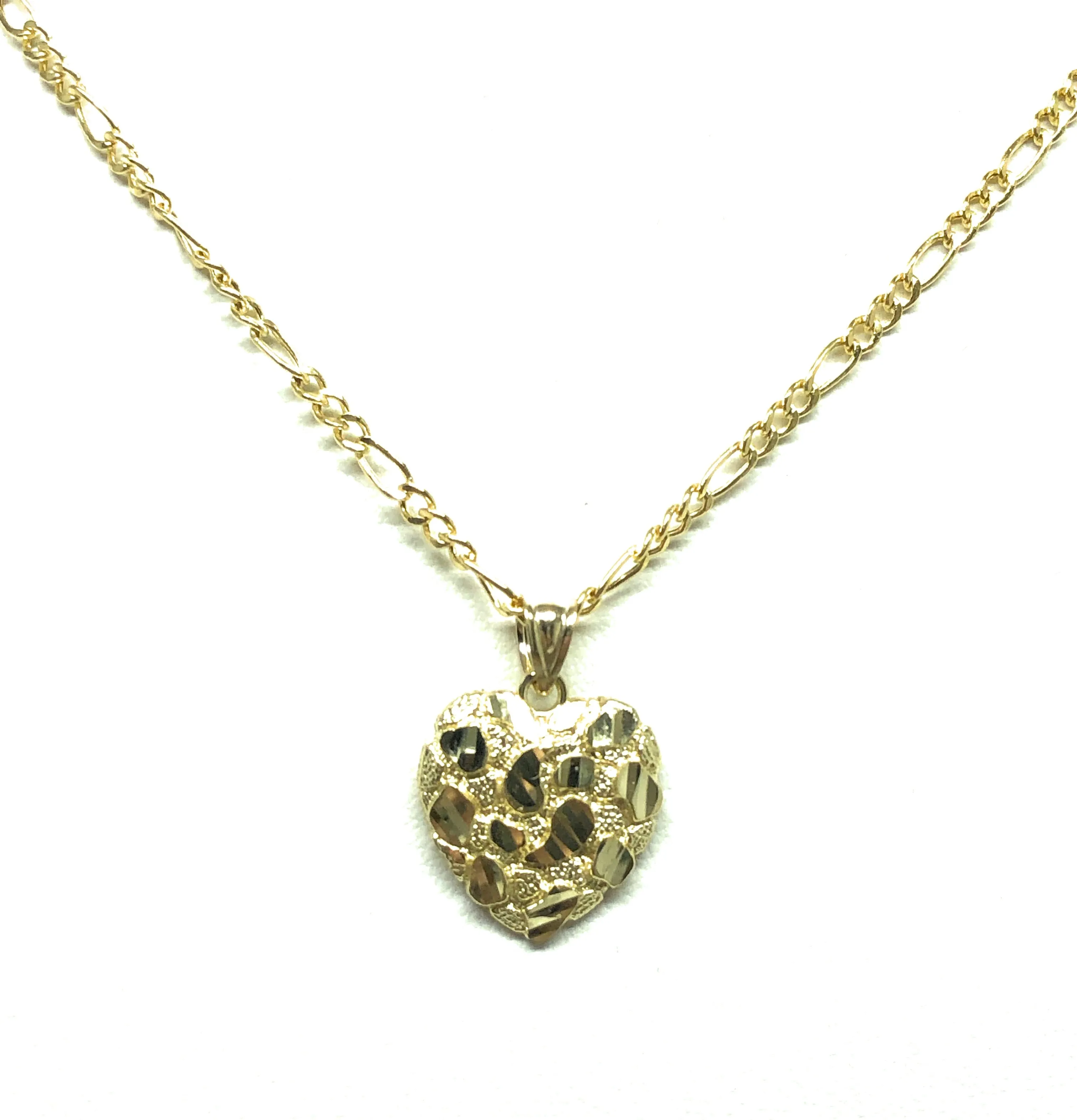 10k Solid Gold Yellow Nugget Heart Pendant Necklace Figaro Chain (SM, MED)