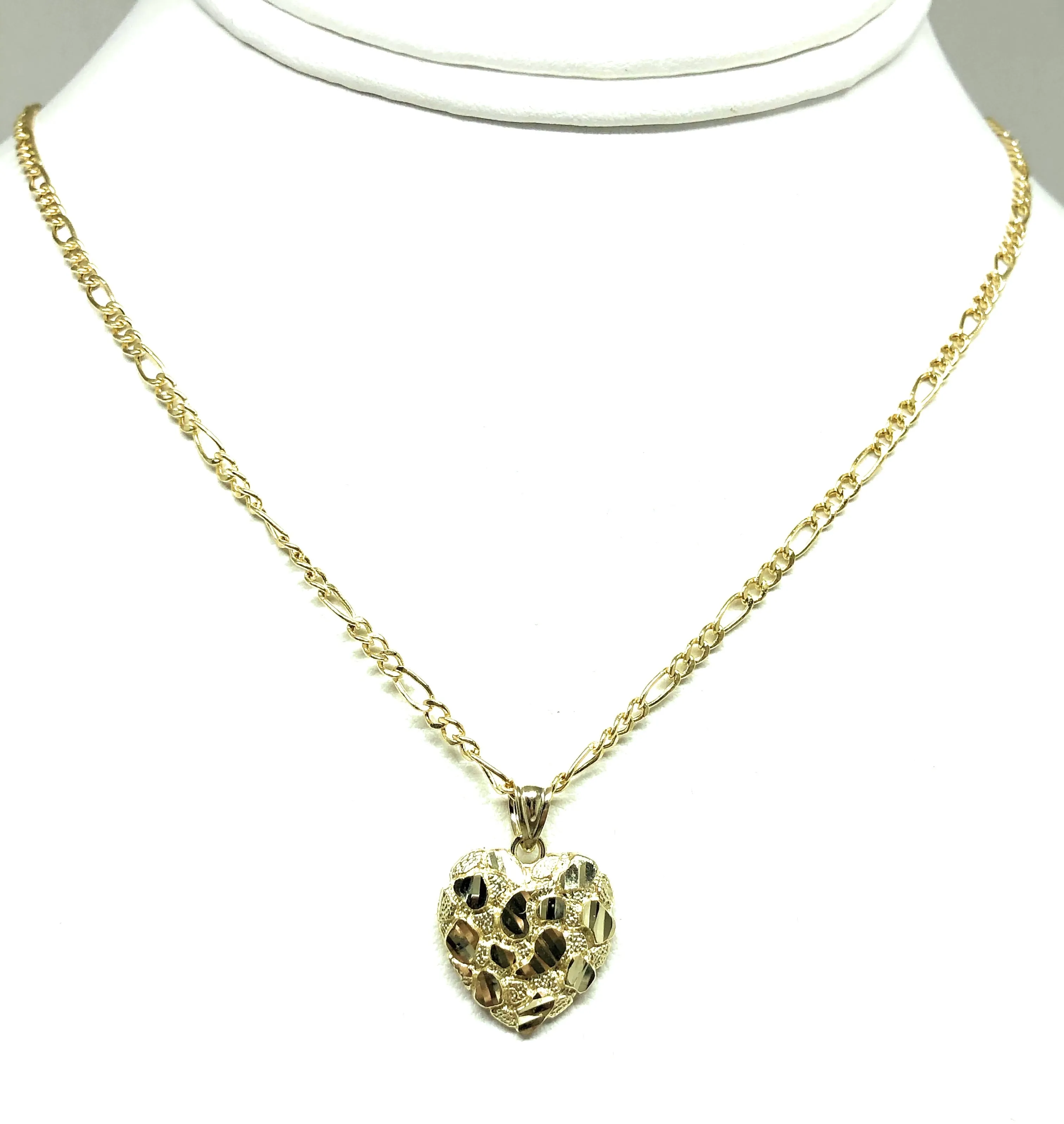 10k Solid Gold Yellow Nugget Heart Pendant Necklace Figaro Chain (SM, MED)