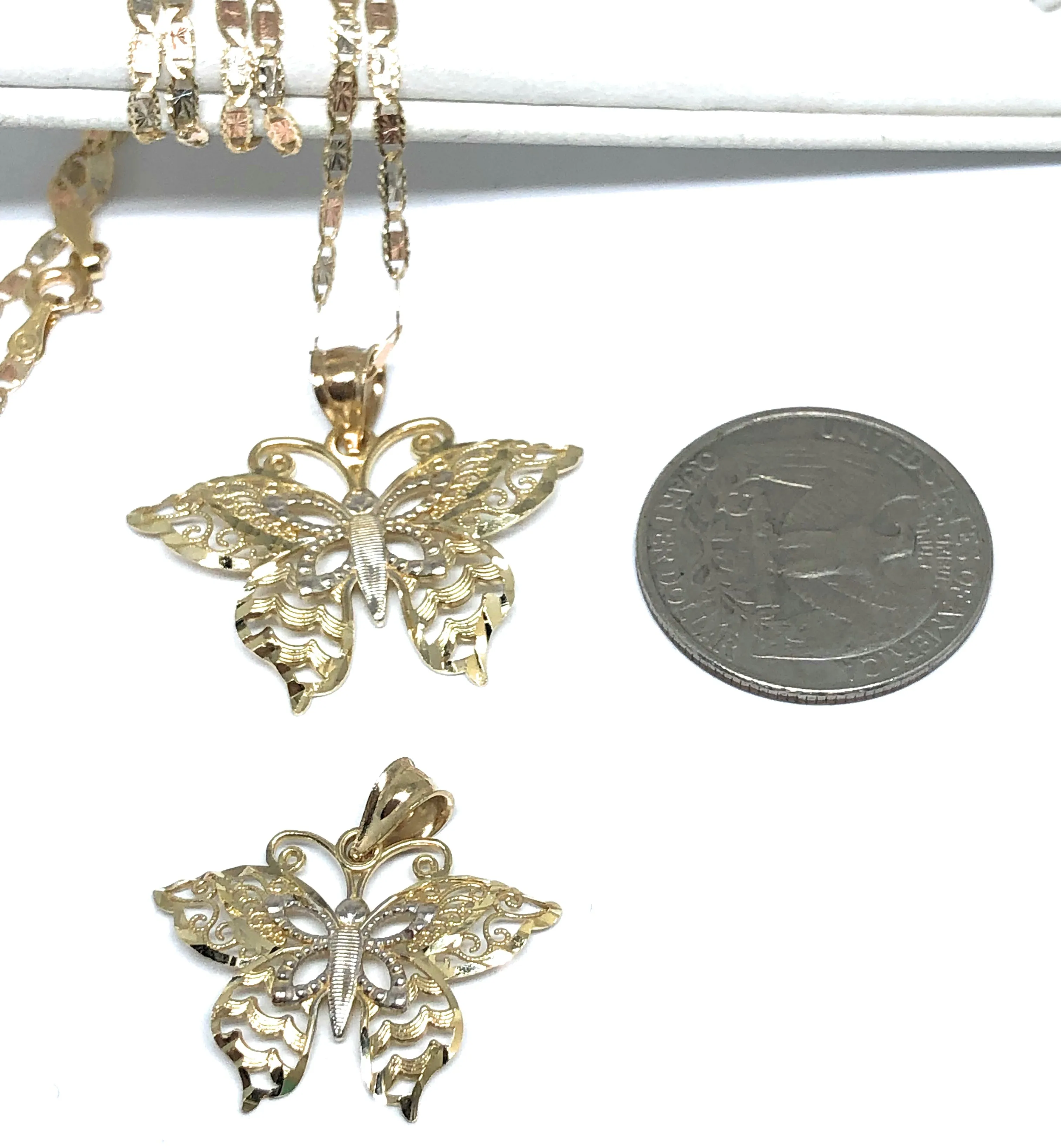 14k Solid Gold Butterfly Pendant Necklace Valentina Chain (SM, MED)