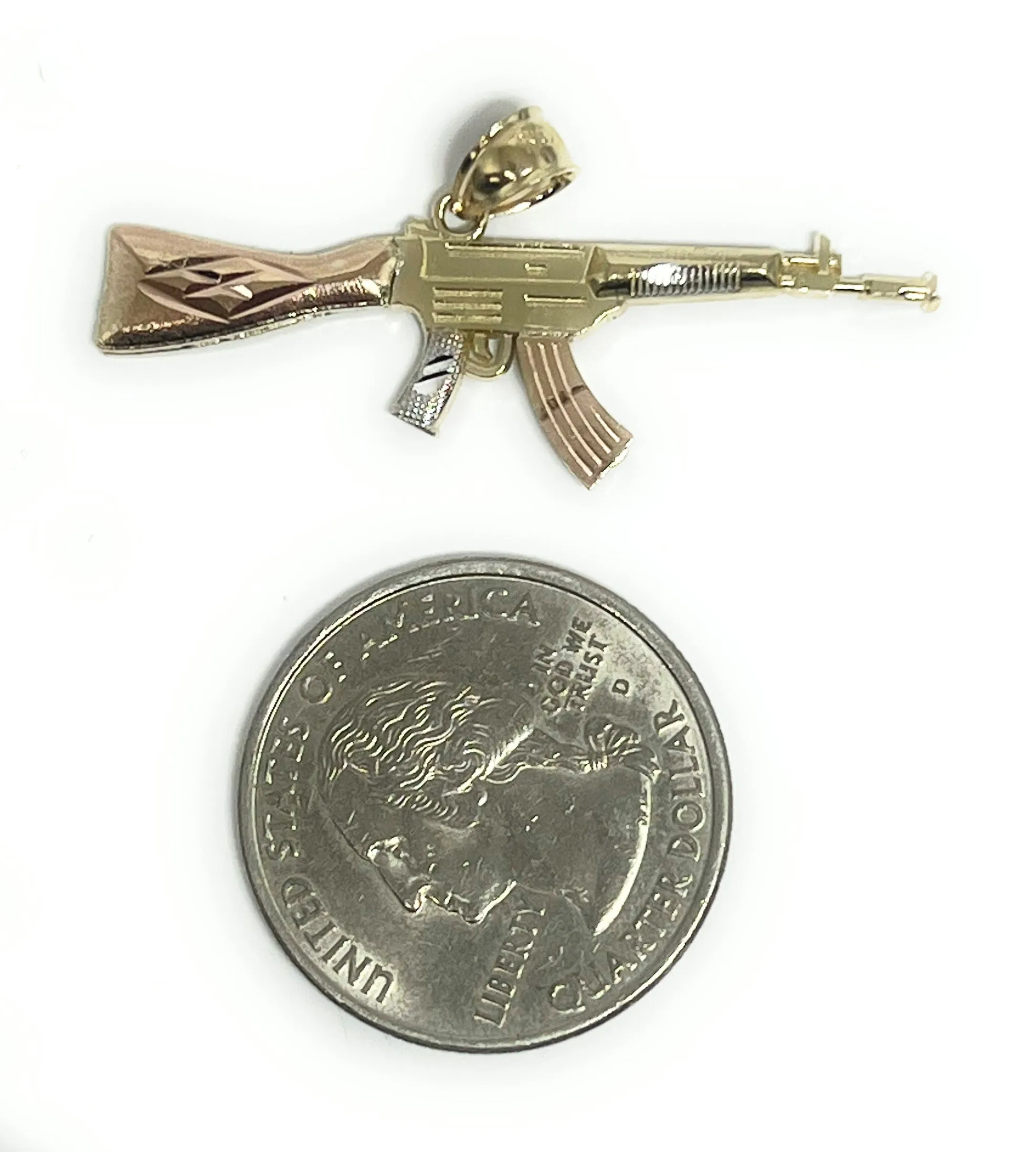 14k Solid Gold Tri-Color Machine Gun AK-47 Pendant Necklace (SM, MED)