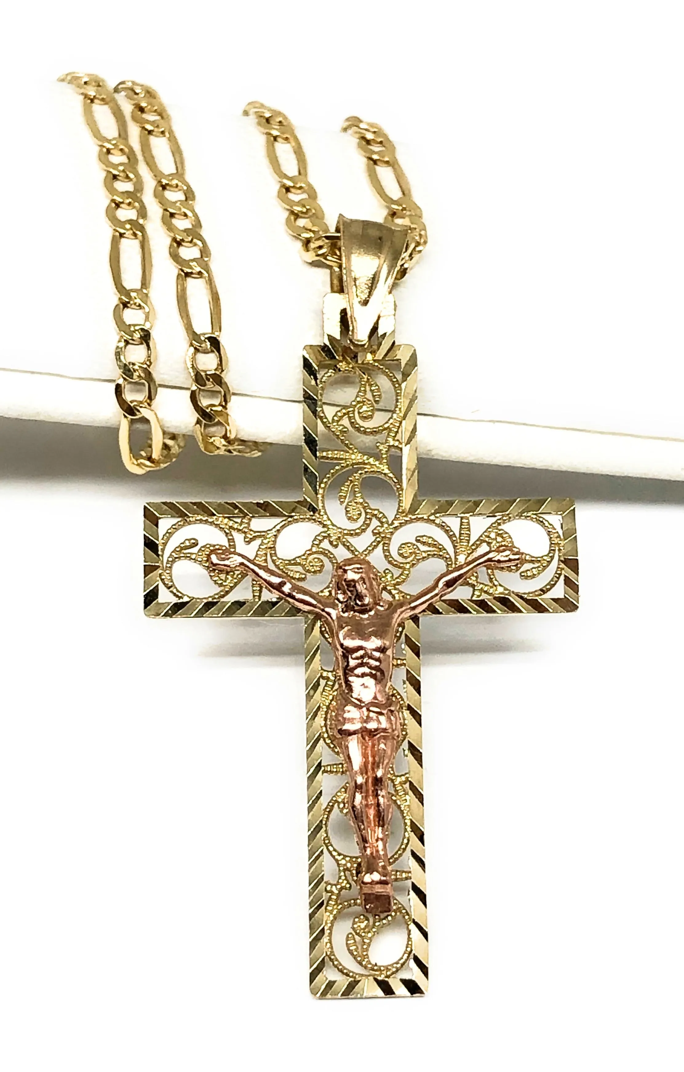 14k Solid Gold Yellow & Rose 2-Tone Filigran Jesus Cross Crucifix Pendant Necklace (SM, MED)